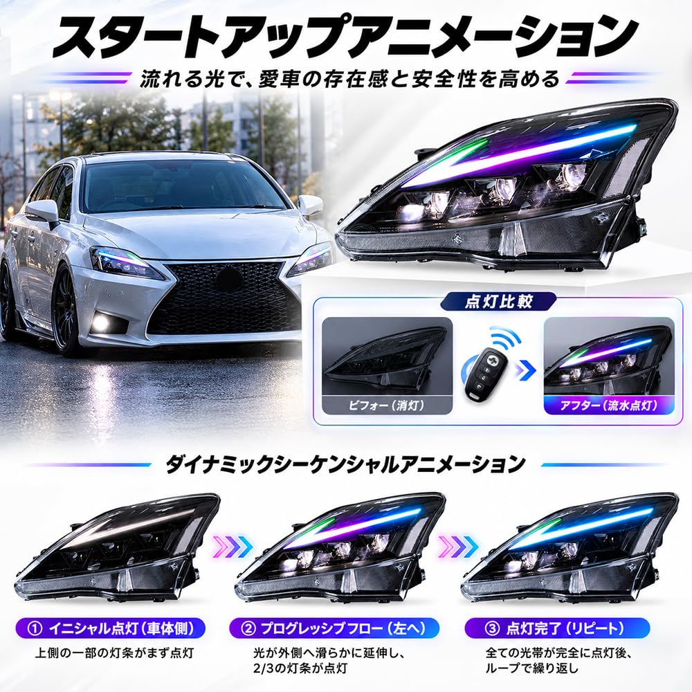 Amazon | HCMOTIONZ レクサス IS ヘッドライト三眼LED RGB ヘッド