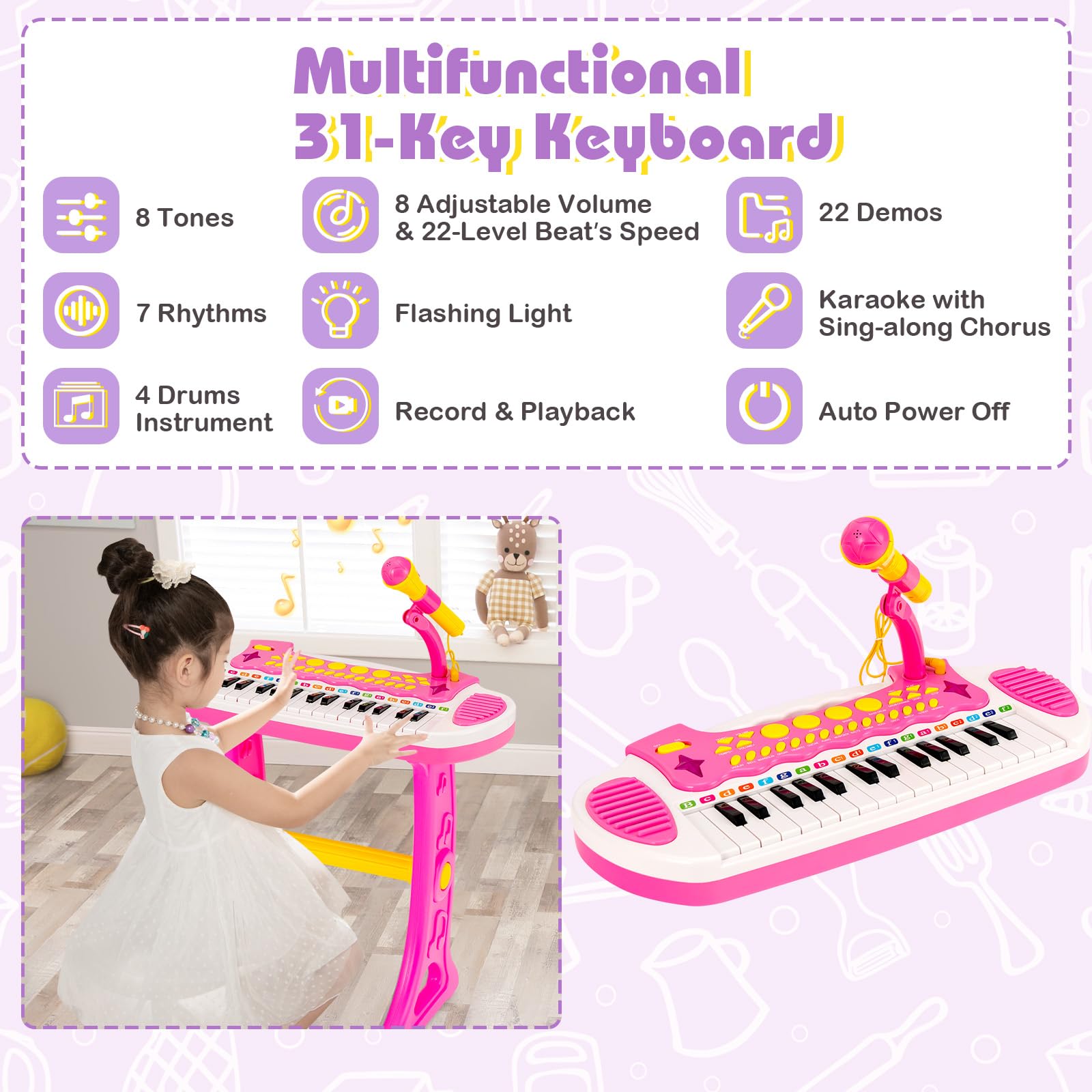 KOMFOTTEU Juego de Teclado de 31 Teclas para Niños, Piano Infantil con Efectos de Luz de Sonido y Micrófono, Juguete de Piano Electrónico con Taburete, Teclado para Niños 3 + (Rosa)