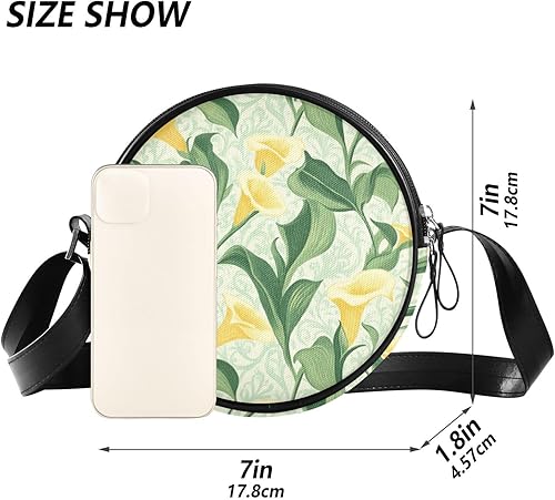 Miniatura 6 de Retro Yellow Calla Lily Flowers Round Small Crossbody Bag for Women Beauty with Adjustable Strap Black Handbag Have a meal Canvas Messenger Purse