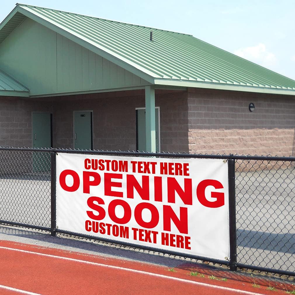 Custom Vinyl Banner Multiple Sizes Opening Soon Red Coming Soon Outdoor Weatherproof Industrial Yard Signs 4 Grommets Personalized Text Here 24x36Inches