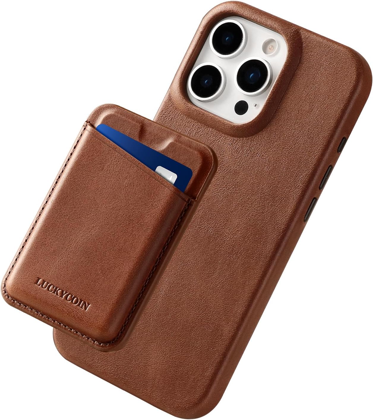 LUCKYCOIN for iPhone 15 Pro Wallet Phone Case with Detachable Magnetic Card Holder, Genuine Full Grain Leather, Compatible with MagSafe, Handcrafted Slim Full Body Protective Cover - Dark Brown
