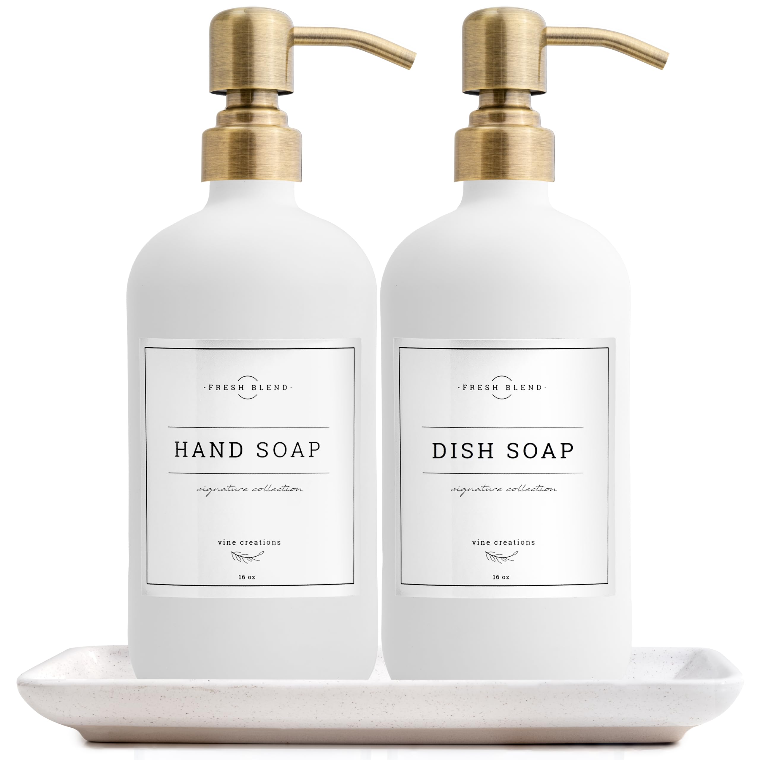 Vine Creations Glass Soap Dispenser, 2 Pack Kitchen Soap Dispenser Set with Ceramic Tray, Stainless Steel Pump, Dish Soap Dispenser for Kitchen, Hand Soap Dispenser Bathroom with Waterproof Labels