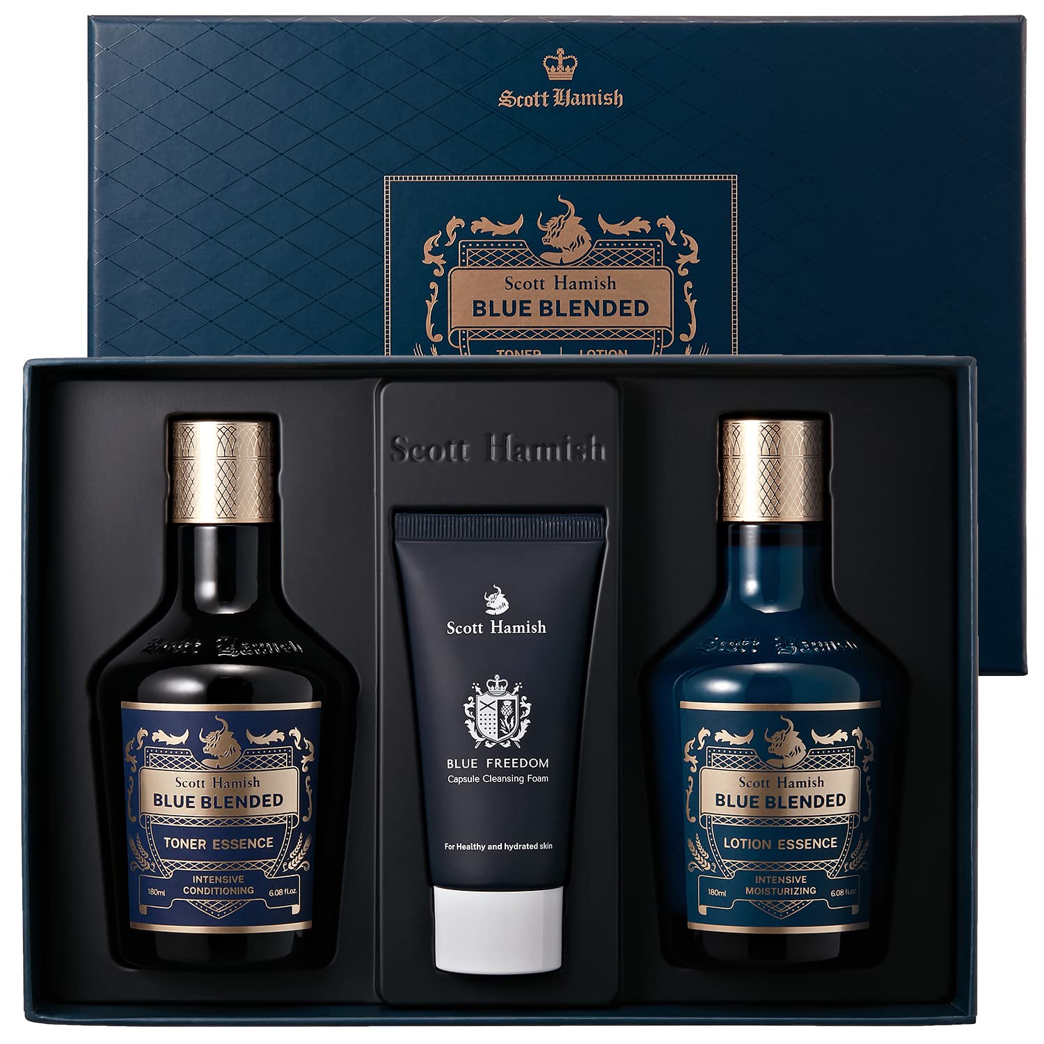 Scott Hamish Blue Blended Set - Skincare Set for Men with Face Wash, Face Toner & Facial Emulsion – Intensive Moisturizing and Conditioning Aftershave Kit Enriched - Bergamot & Musky Scent