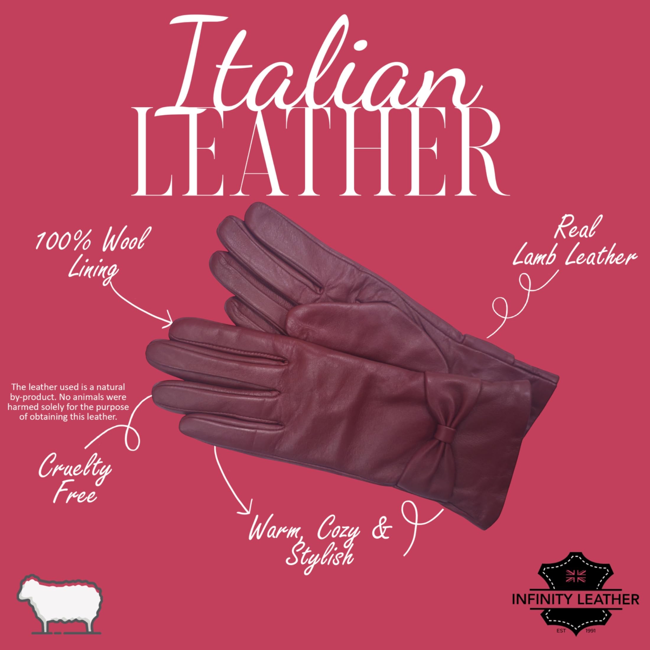 Infinity Leather Guantes de Invierno de Piel Italiana Para Mujer Forrados de Lana, Compatibles con Pantallas Táctiles, Resistentes al Agua y Con Diseño de Lazo.