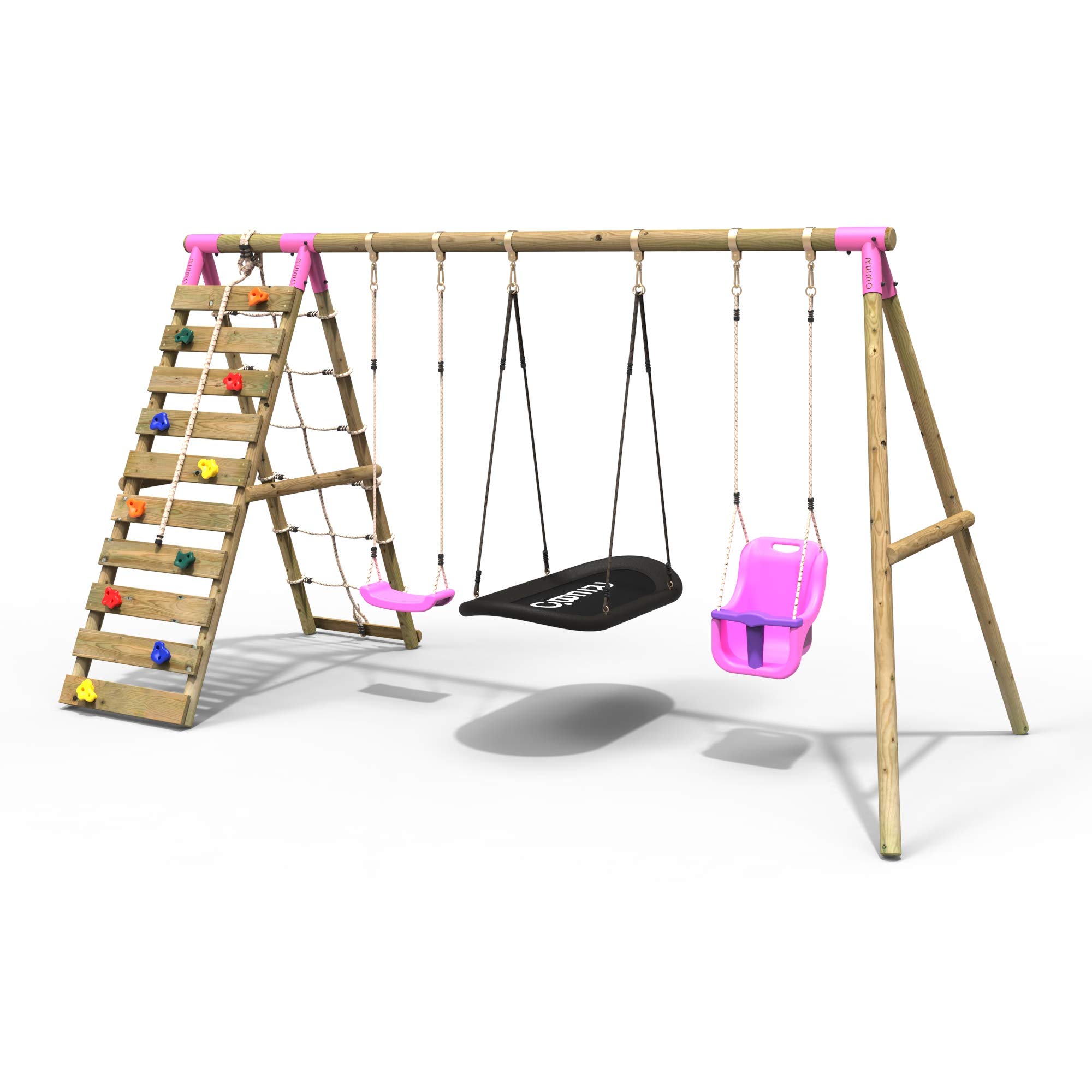 Rebo (Skye, Pink) Wooden Swing Set With Up And Over Climbing Wall