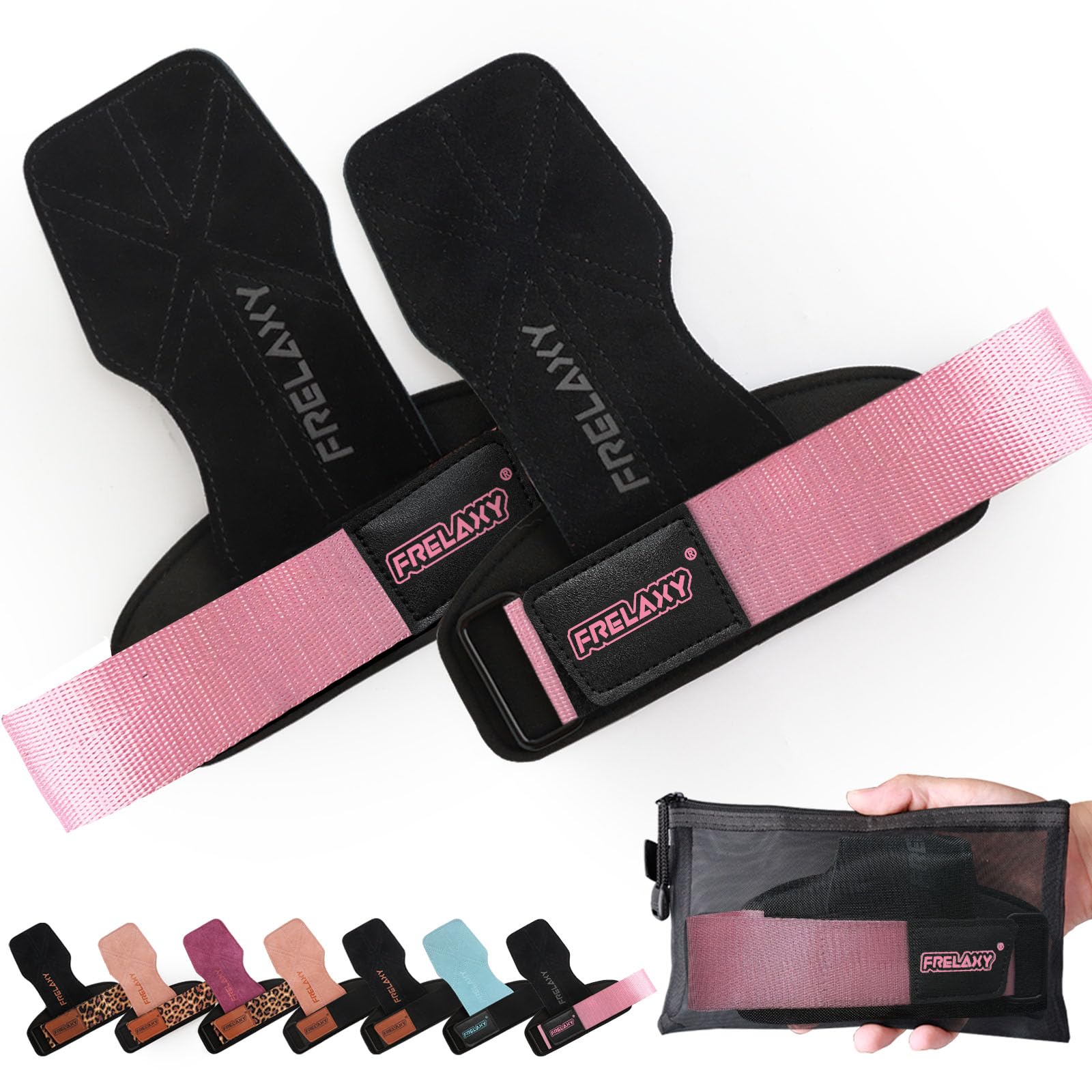 Frelaxy Lifting Wrist Straps Women and Men, Weight Lifting Grips with Cushion Wrist Loop, Double Layer Leather and Storage Pouch, Gym Workout Straps for Deadlift and Powerlifting โ image 1