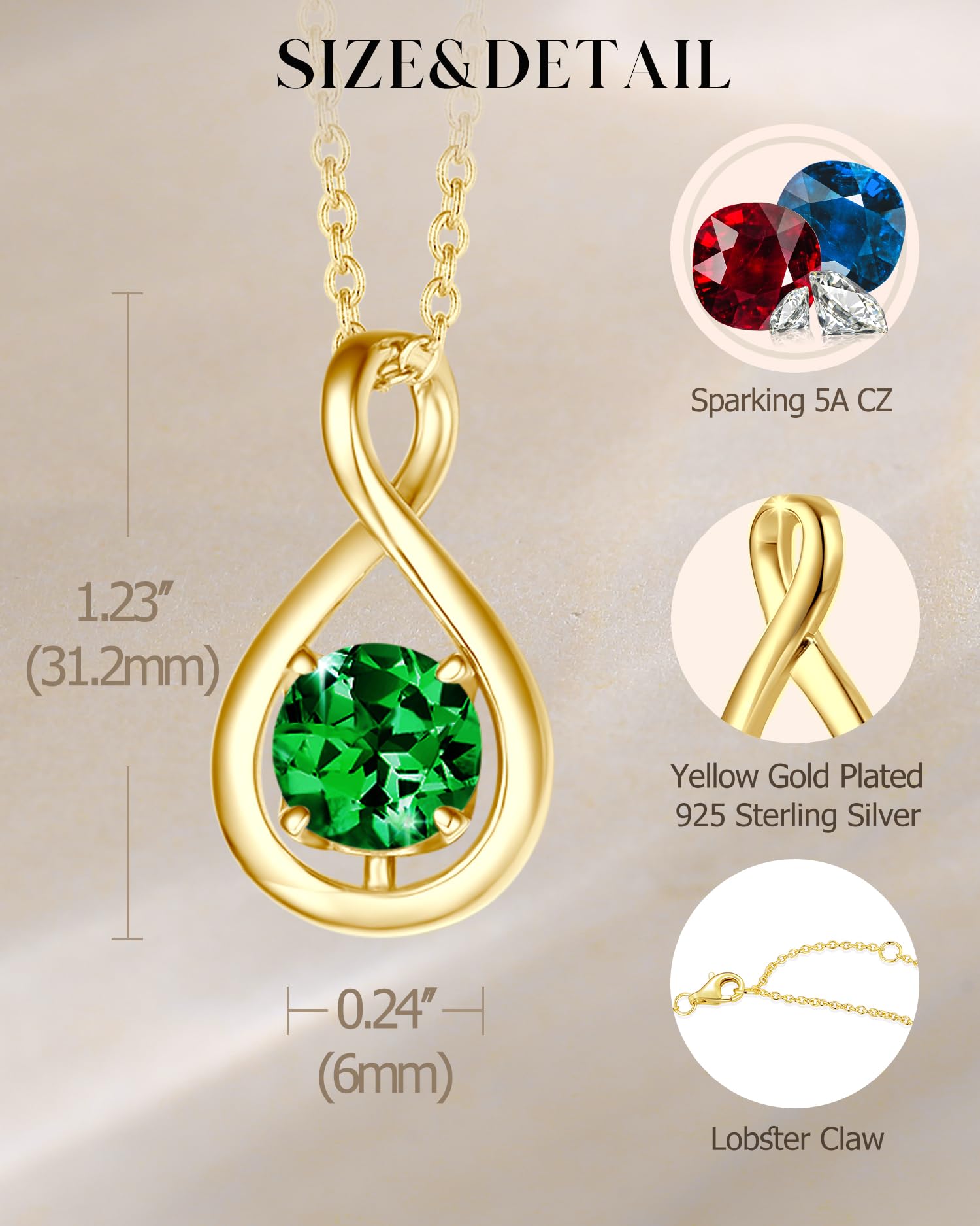 FANCIME 925 Sterling Silber Gelb Gold Plattiert Halskette Damen Infinity Anhänger Geburtsstein Kette Geburtsstein Schmuck Geschenk für Mutter Frauen