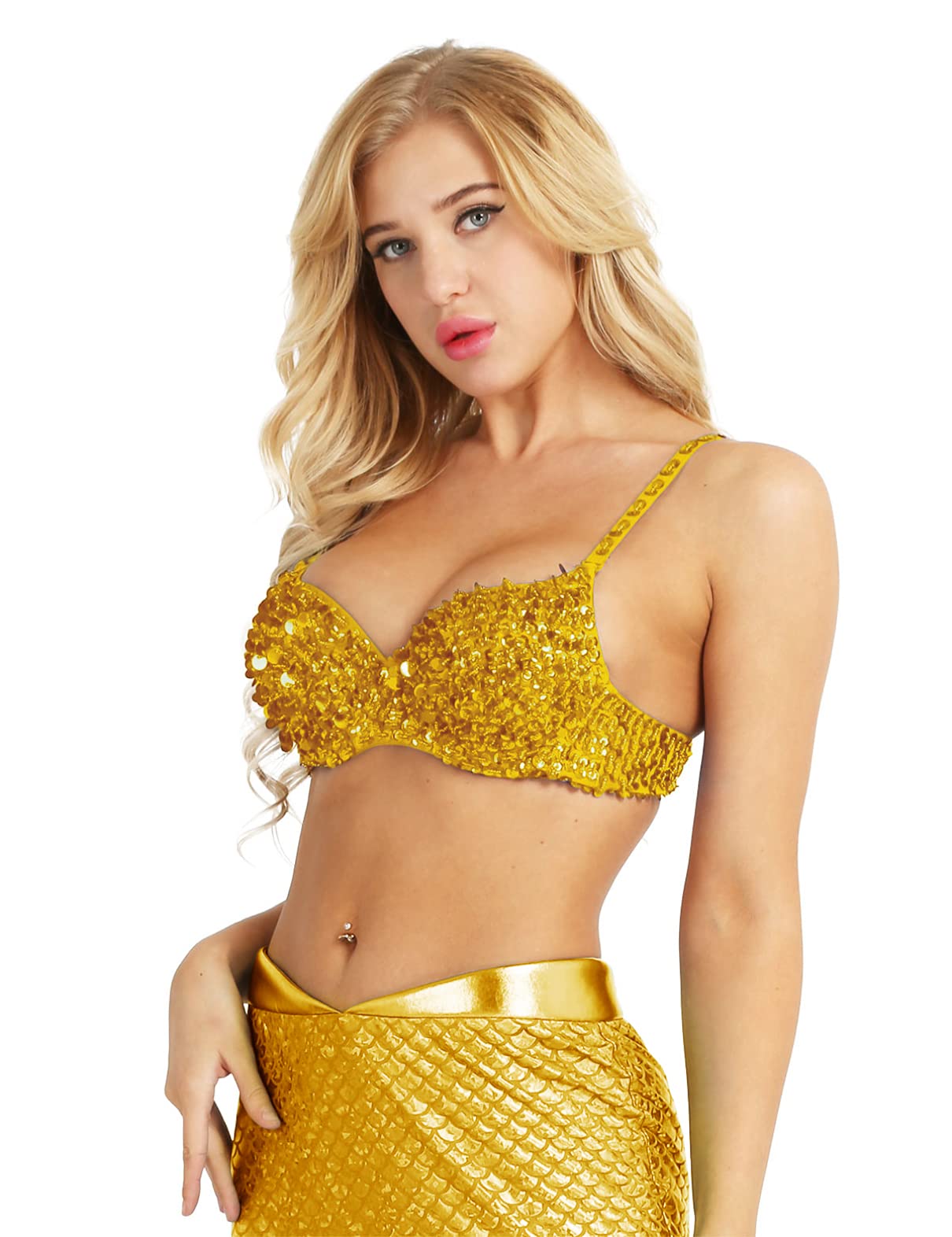 Yhong Women Sparkle Sequins Padded Bra Top Rave Dance Belly Dancing Costume Clubwear