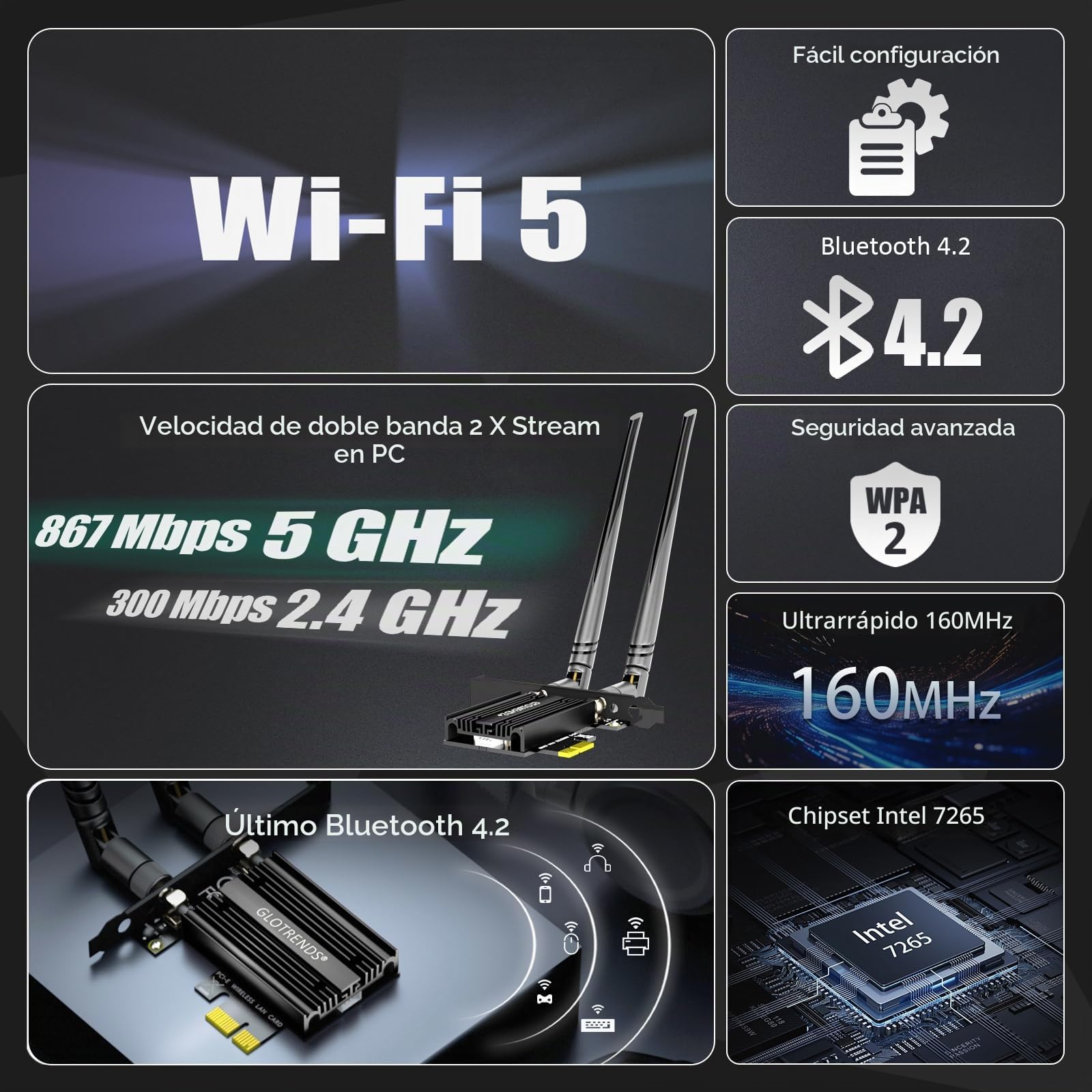 GLOTRENDS AC1200 WiFi 5 Tarjeta PCIe con Soporte de Bajo Perfil para PC de Sobremesa, Chip Intel 7265, 802.11ac, Bluetooth 4.2, Soporta Windows 11/10/7/Linux, No Soporta Mac OS/Windows XP