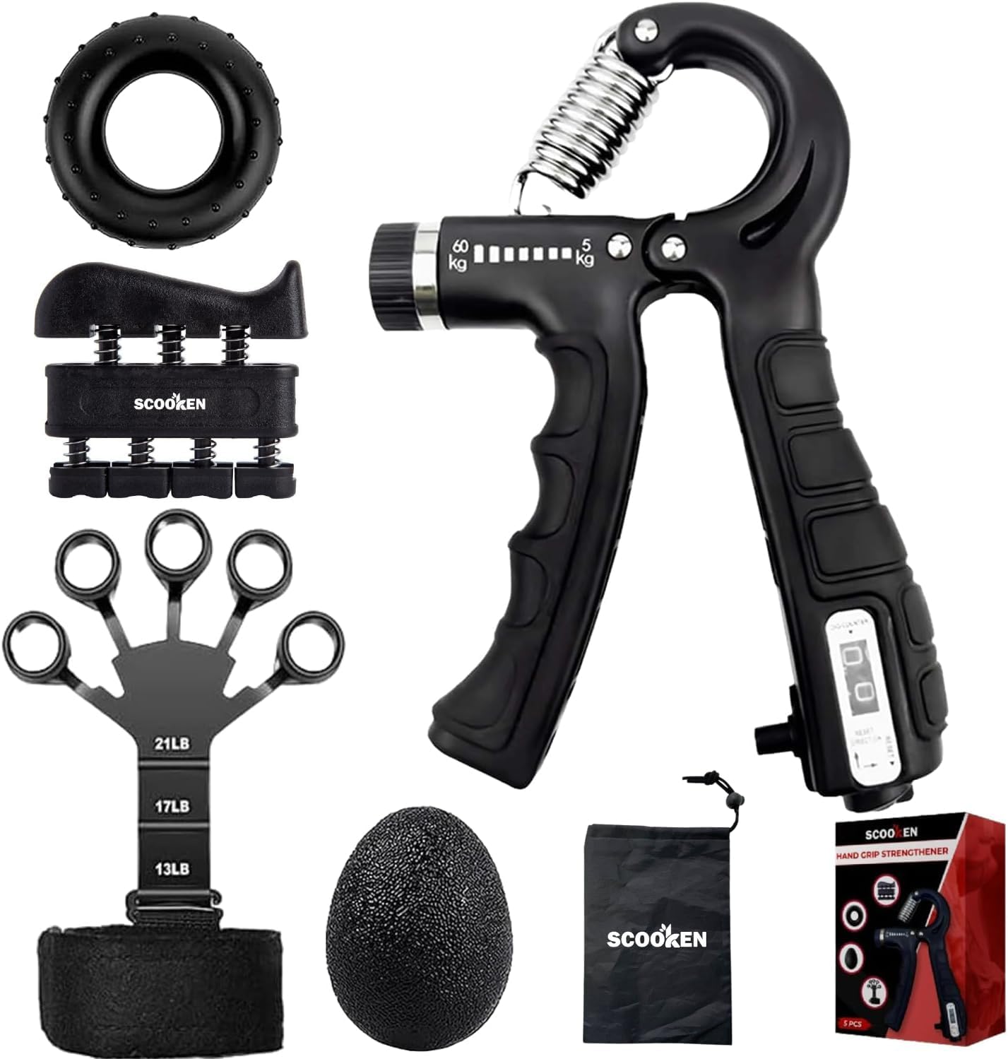 Grip Strengthener Kit 5-Pack for Finger Workout - Gripster Forearm Finger Grip Strength Trainer - Hand Strengthening Device for Wrist Strengthener Vein Trainer - Grip Trainer Hand Exerciser