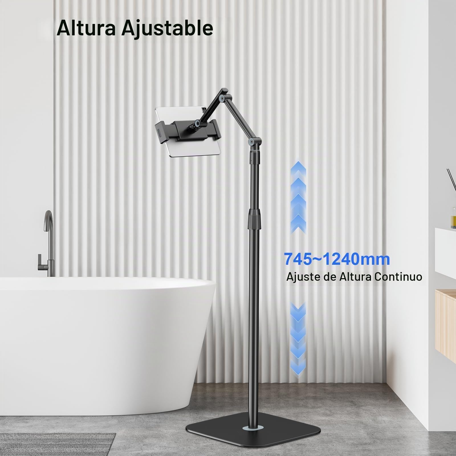 Soporte de suelo para tablet – Soporte universal para tablet con base resistente para teléfono móvil de 4,7 – 12,9 pulgadas, altura ajustable y giratorio 360 grados