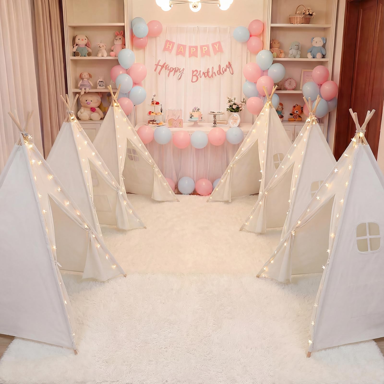 Photo 1 of 6 Pack Teepee Tent for Kids Sleepover Party Indoor Play Gift Set, Washable & Foldable Toddler Slumber Party Tents for Girls & Boys, White