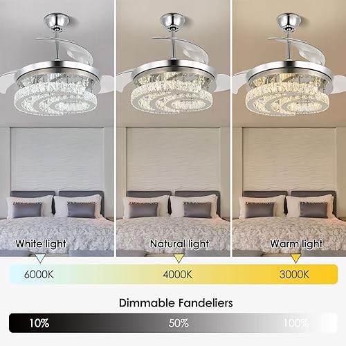 Miniatura 5 de FRIXCHUR Candelabros regulables de 42 pulgadas, ventiladores de techo de cristal con luces y control remoto en forma de luna, ventiladores de araña