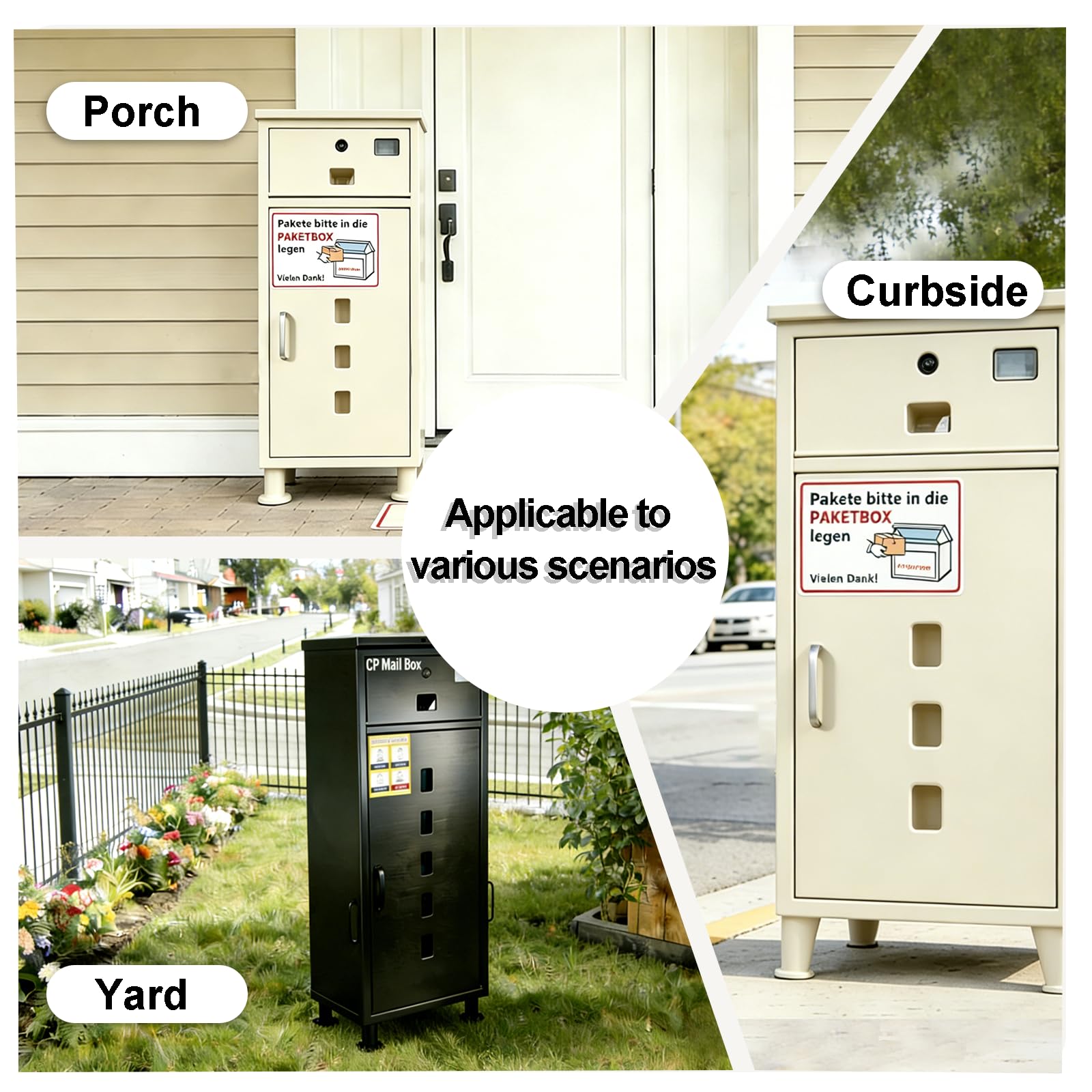 MOZIMOI Paketbox draussen groß XXL, getr. Fächer, Standfüße 8‑20 cm variabel, schützt Pakete vor Staunässe bei Regen/Schnee, für Garten, Vordach & unebenen Boden.