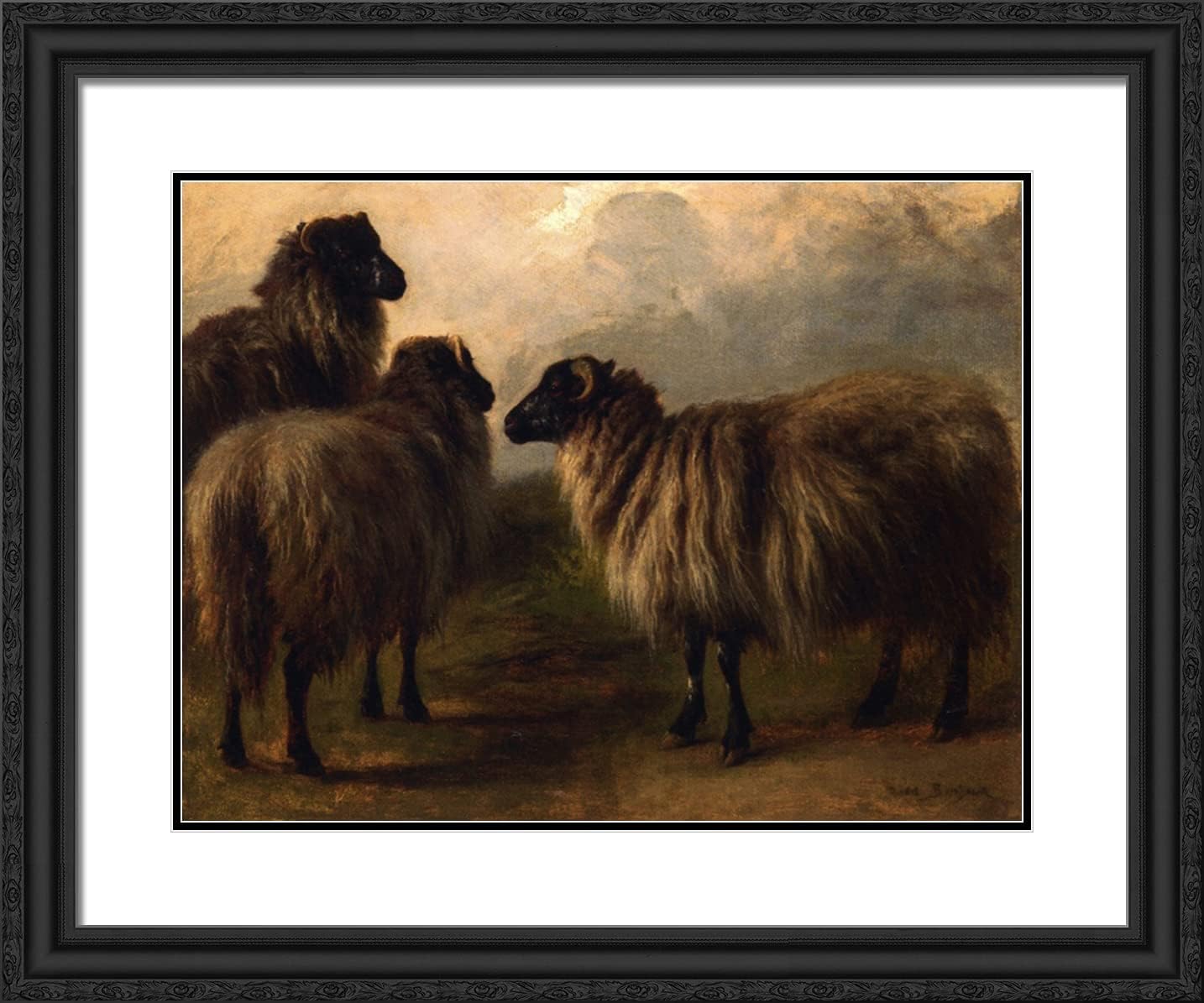 ArtDirect Bonheur Rosa 24x20 Gold Ornate Framed Art Print with Double Matting Titled: Three Wooly Sheep