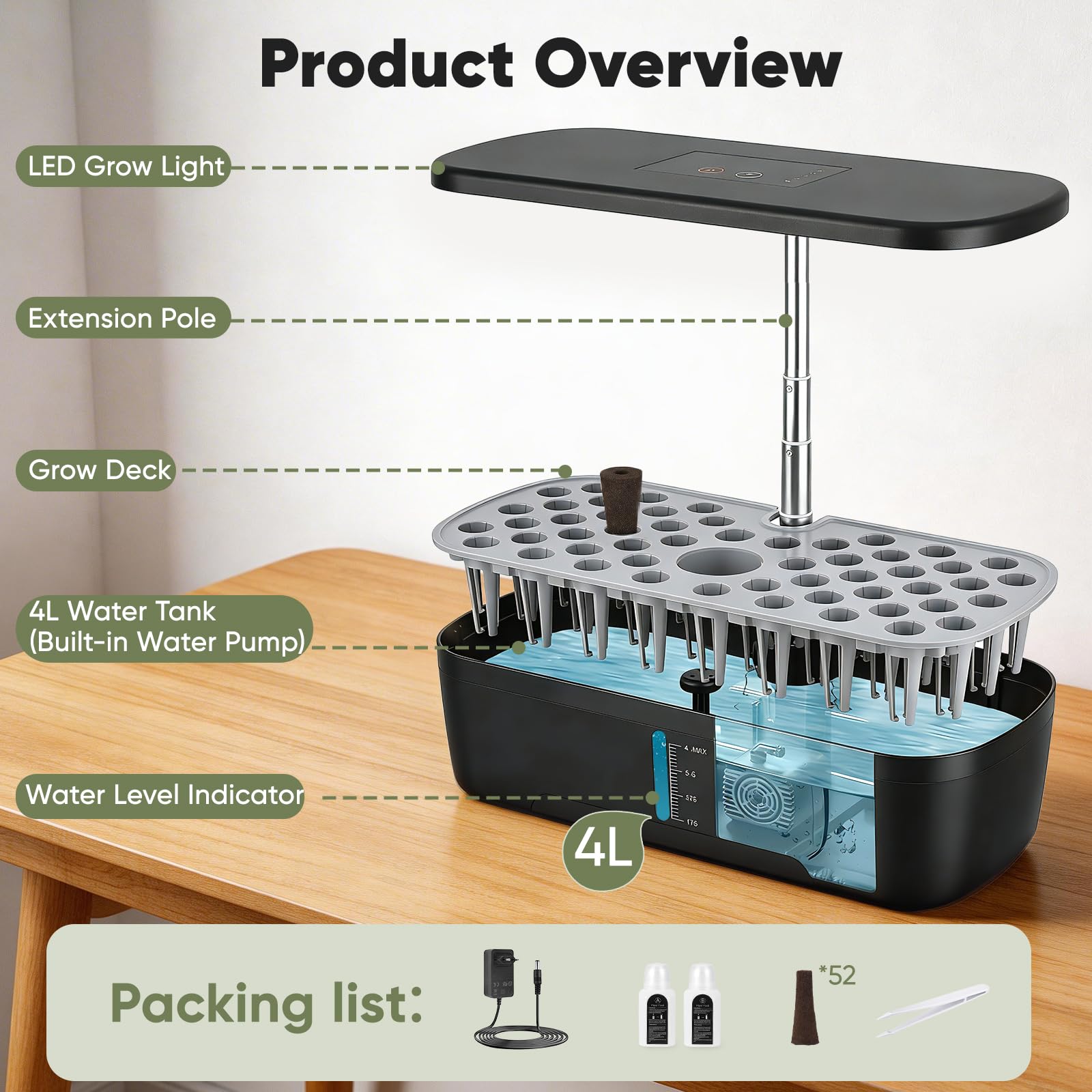 Sistema hidropónico 52 cápsulas, 24 W, Incluye LED de Espectro Completo, Sistema Inteligente de Cultivo Interior, Kit de Cultivo hidropónico para Cocina, balcón, Hierbas y ensaladas