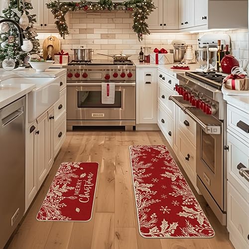 Miniatura 2 de Artoid Mode Holly Pine Branches Leaves Merry Christmas - Juego de 2 tapetes de cocina de bajo perfil para suelo, 17 x 29 y 17 x 47 pulgadas