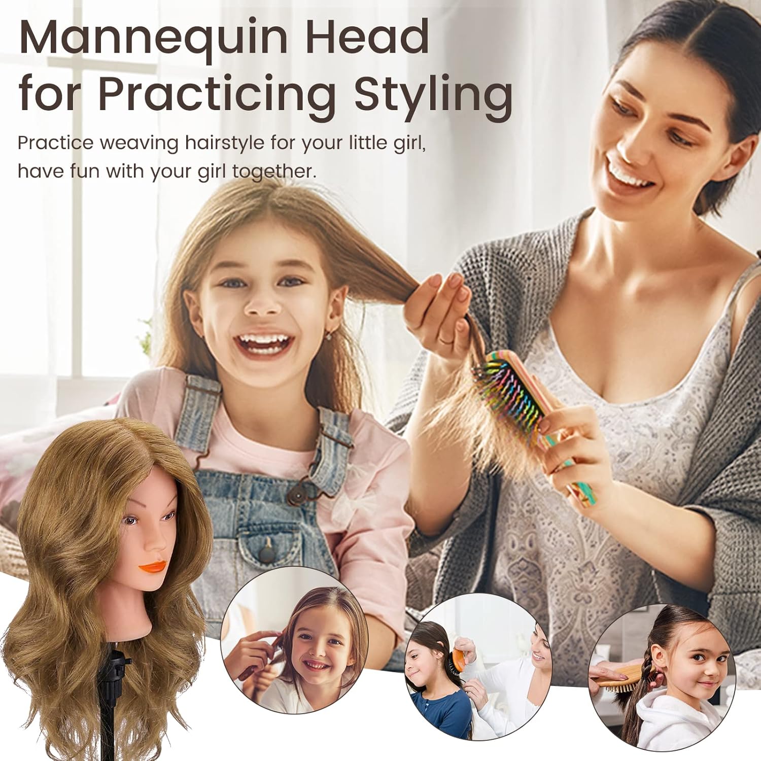 Mannequin Head with 100% Real Hair for Cosmetology, CENOZ 18" Light Brown Hairdresser Training Head with Clamp Holder and Tool, Doll Head Mannequin Head for Hair Styling Practice