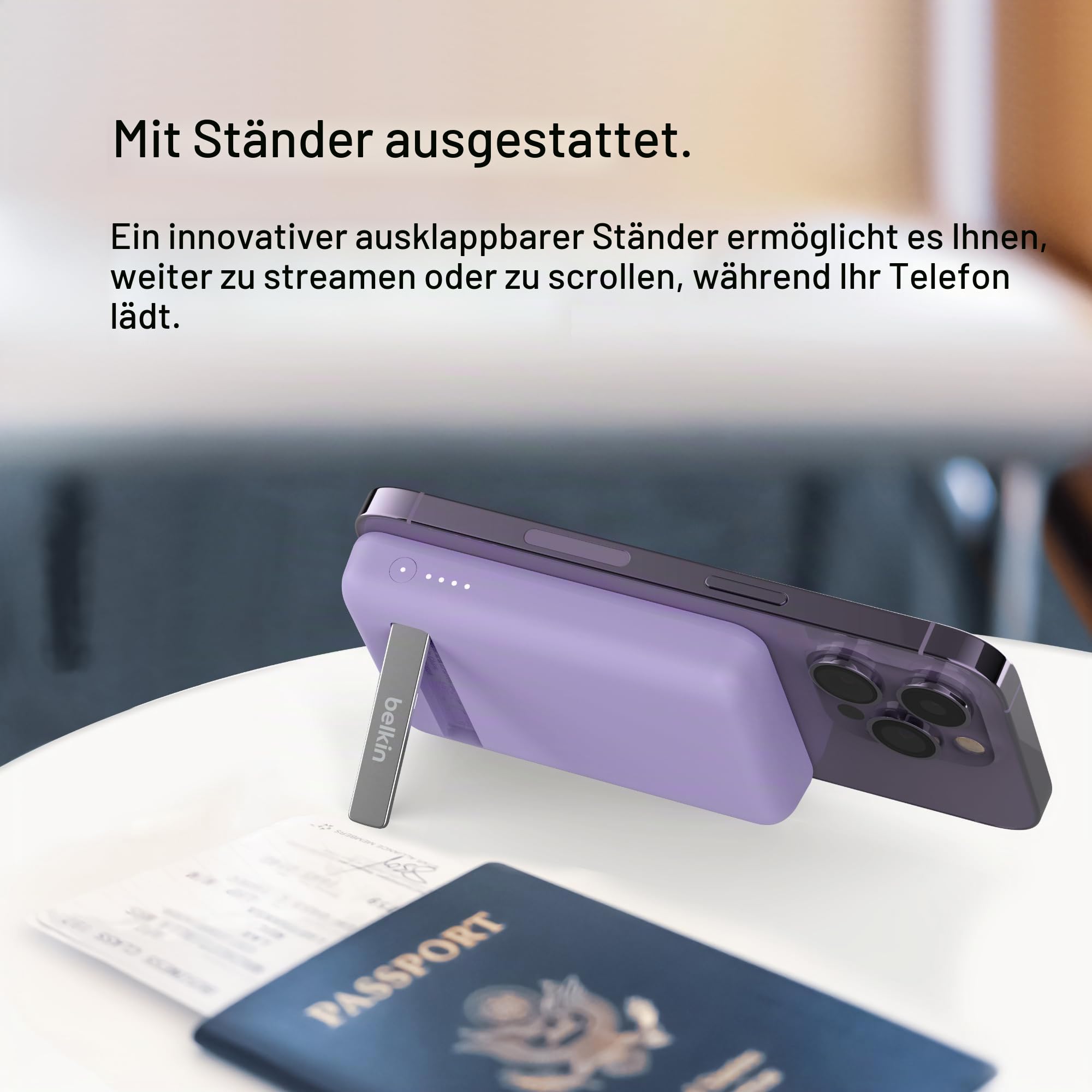 Belkin Magnetische 5000mAh Powerbank, Externer Handy-Akku, Kompatibel mit MagSafe, mit Passthrough-Ladefunktion und Ständer, 7,5W Ausgang, 10W Eingang, für iPhone 17, Air, 16, 15, Pixelsnap - Lila
