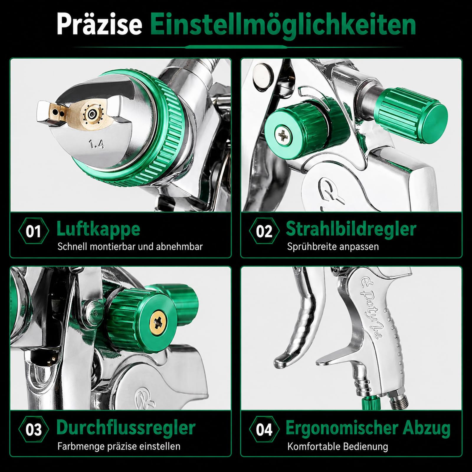 HVLP Lackierpistole Spritzpistole Kit 4 Düsen 1,4mm 1,7mm 2,0mm 2,5mm 600 ml Plastikbecher Grün