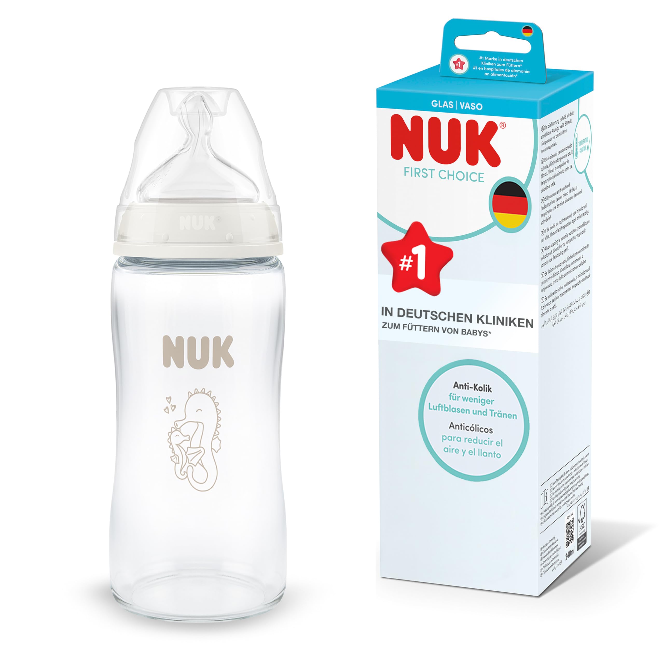 NUK First Choice Babyflasche | 3+ Monate | 240 ml | Anti-Kolik-Trinkflasche | Glas | Temperature Control Anzeige | Seepferdchen | 1 Stück