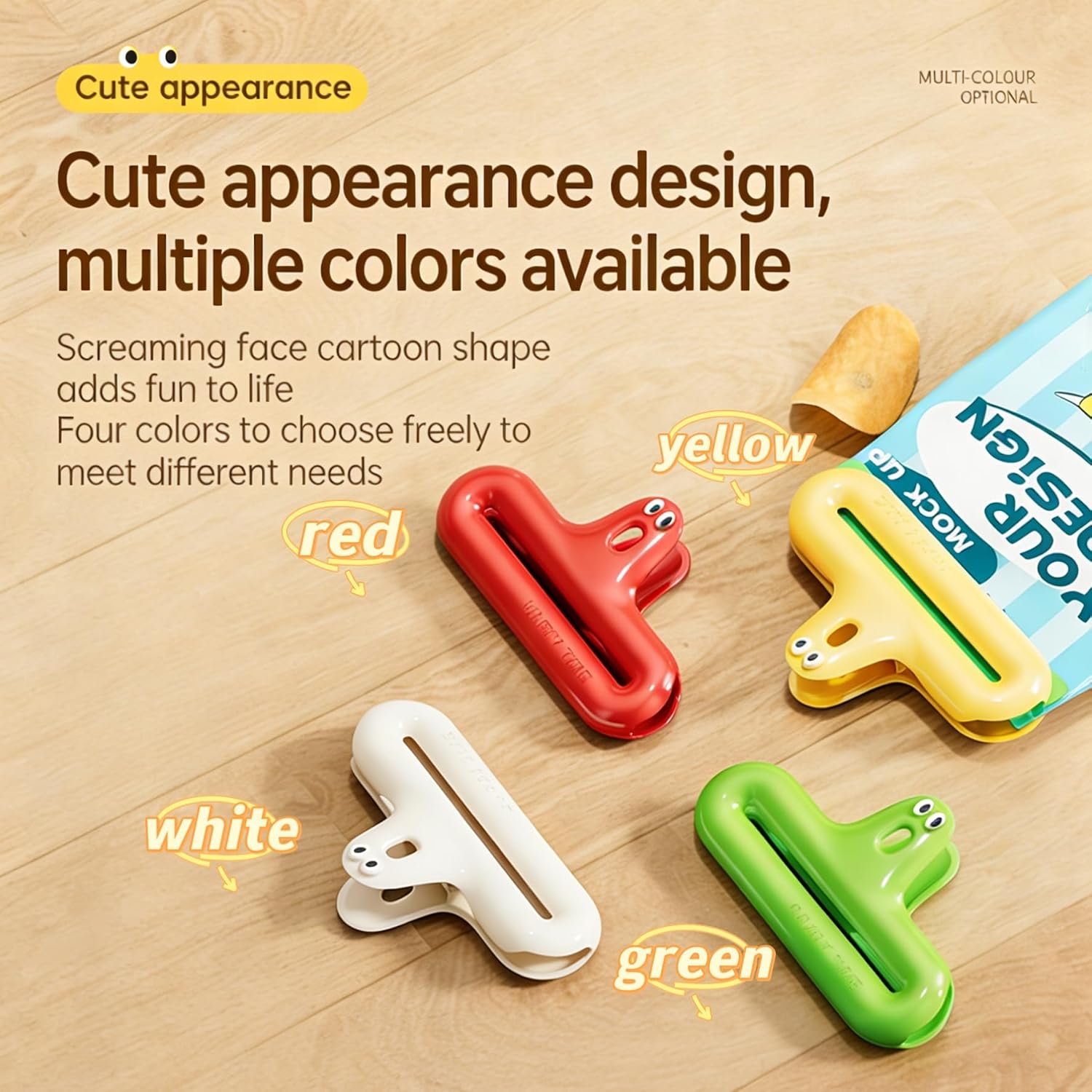 Cute Cartoon Food Clips Bag Clips,Cute and Charming Appearance,Hanging Hole Design,ABS Material for Chips,Snack,Kitchen,Refrigerator,Garden,Pack of 4(White,Green,Red,Yellow)