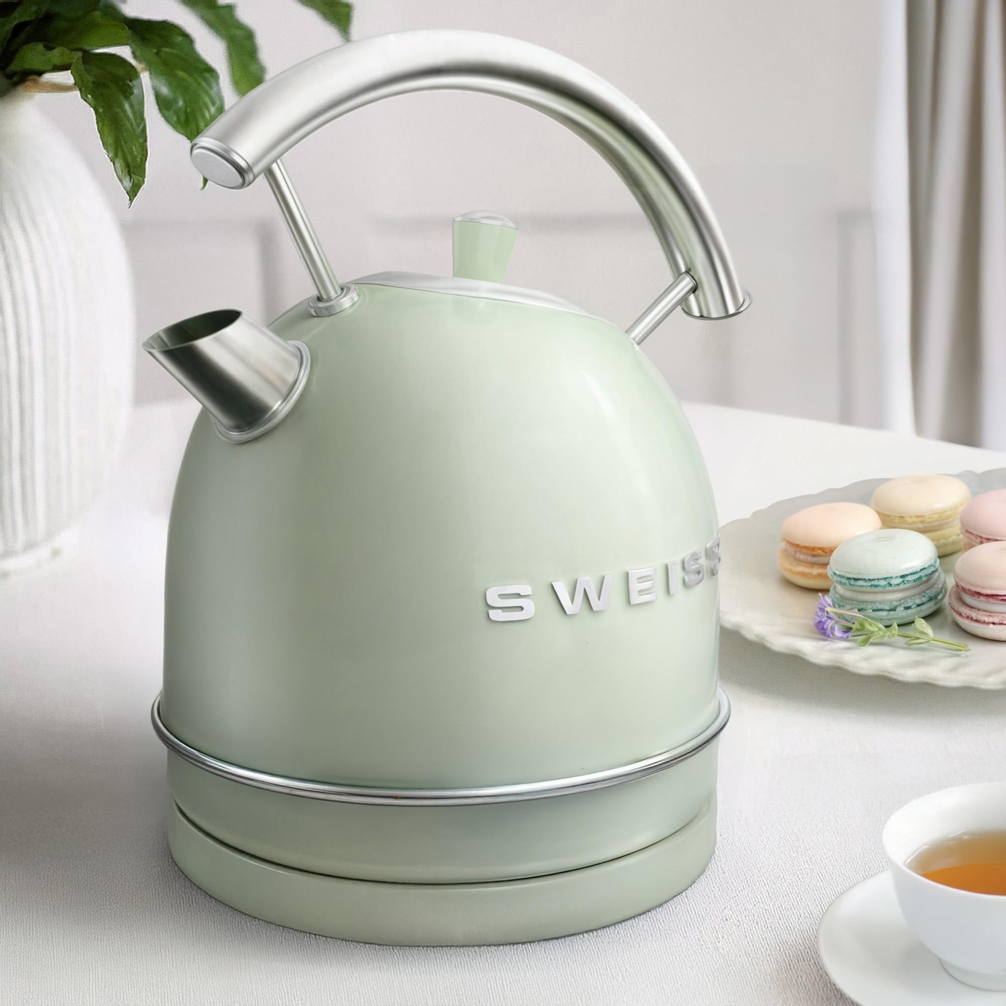 SWEISS Bouilloire électrique vintage KTL7 1,8L, Inox compacte pratique 2200W, Ébullition rapide, Niveau d'eau visible et gradué, Arrêt automatique, Socle 360°, Vert