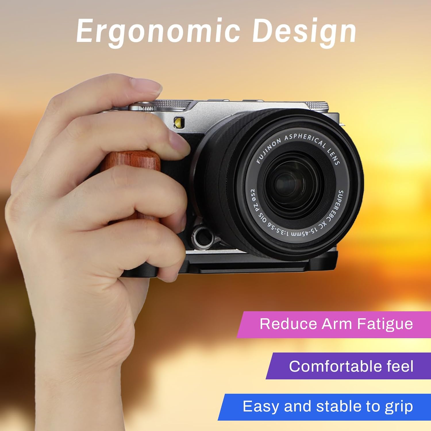 Leftfoto xm5 Ergonomic Retro Handgrip L-Shape Bracket with Rose Wooden Grip for Fujifilm X-M5 Camera,with Built-in Bottom Arca Quick Release Plate