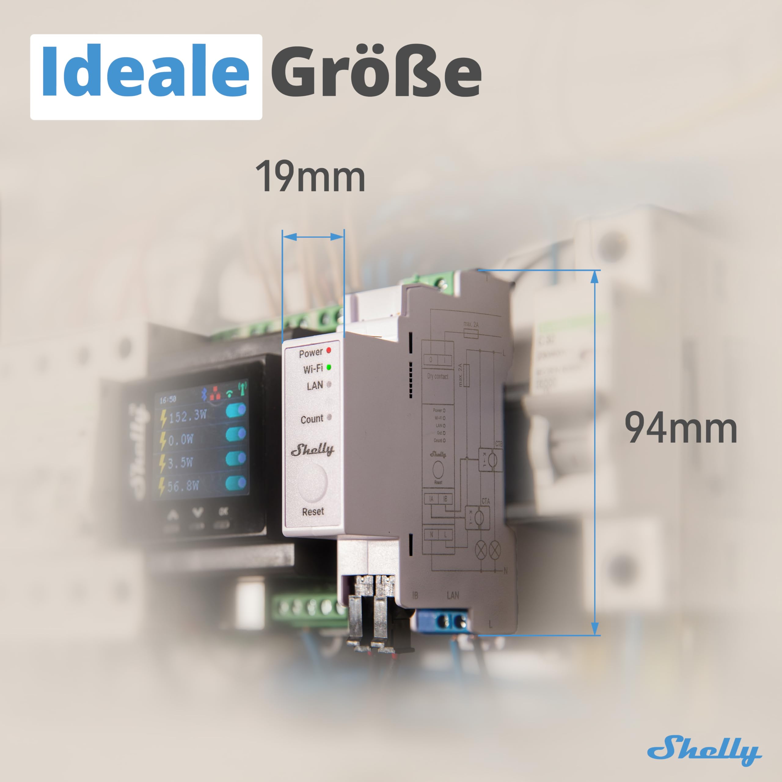 Shelly Pro EM 50A - WLAN & LAN Smart Energiezähler, 2 Kanäle auf 1 Phase, 2A Potentialfreie Kontakte, 4-Quadranten-Messung, Photovoltaik, IEC 62053-21, Kein Hub Erforderlich, Datenspeicherung