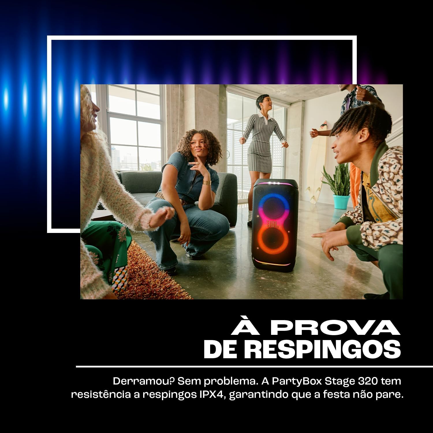 JBL, Caixa de Som, PartyBox Stage 320, Bluetooth, Portátil, Show de Luzes, À Prova de Respingos - 240W RMS - Preta