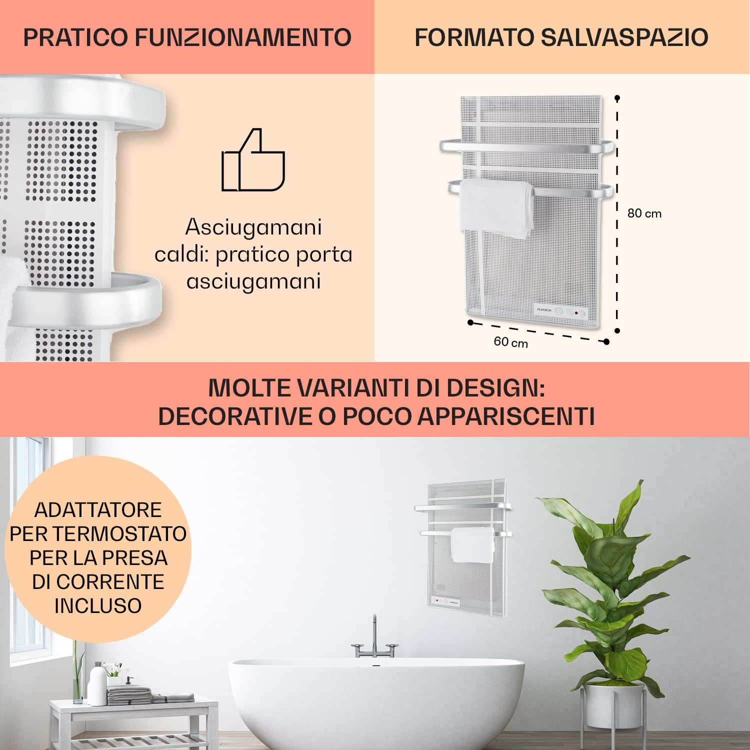Klarstein Smart Stufa Elettrica Basso Consumo, Termoconvettore a Parete 1000W Termosifone , Riscaldamento , Pannello Radiante Infrarossi, Lampada Riscaldante, Termostato, IP24 No CO2