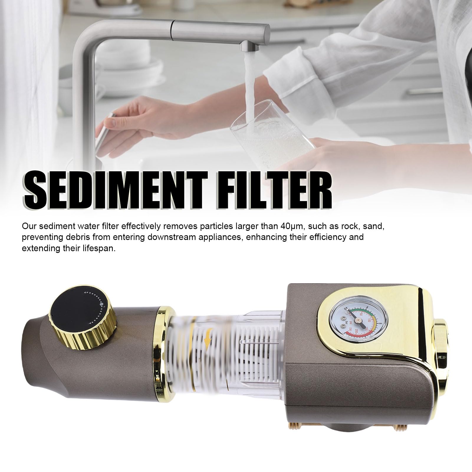 Luocute Filtro de Sedimentos, Prefiltro de Agua de Acero Inoxidable de 3/4 pulg., 40 Micras, Caudal de 8 T/h para Toda la Casa, con Medidor de Presión y Pantalla Lavable Reutilizable