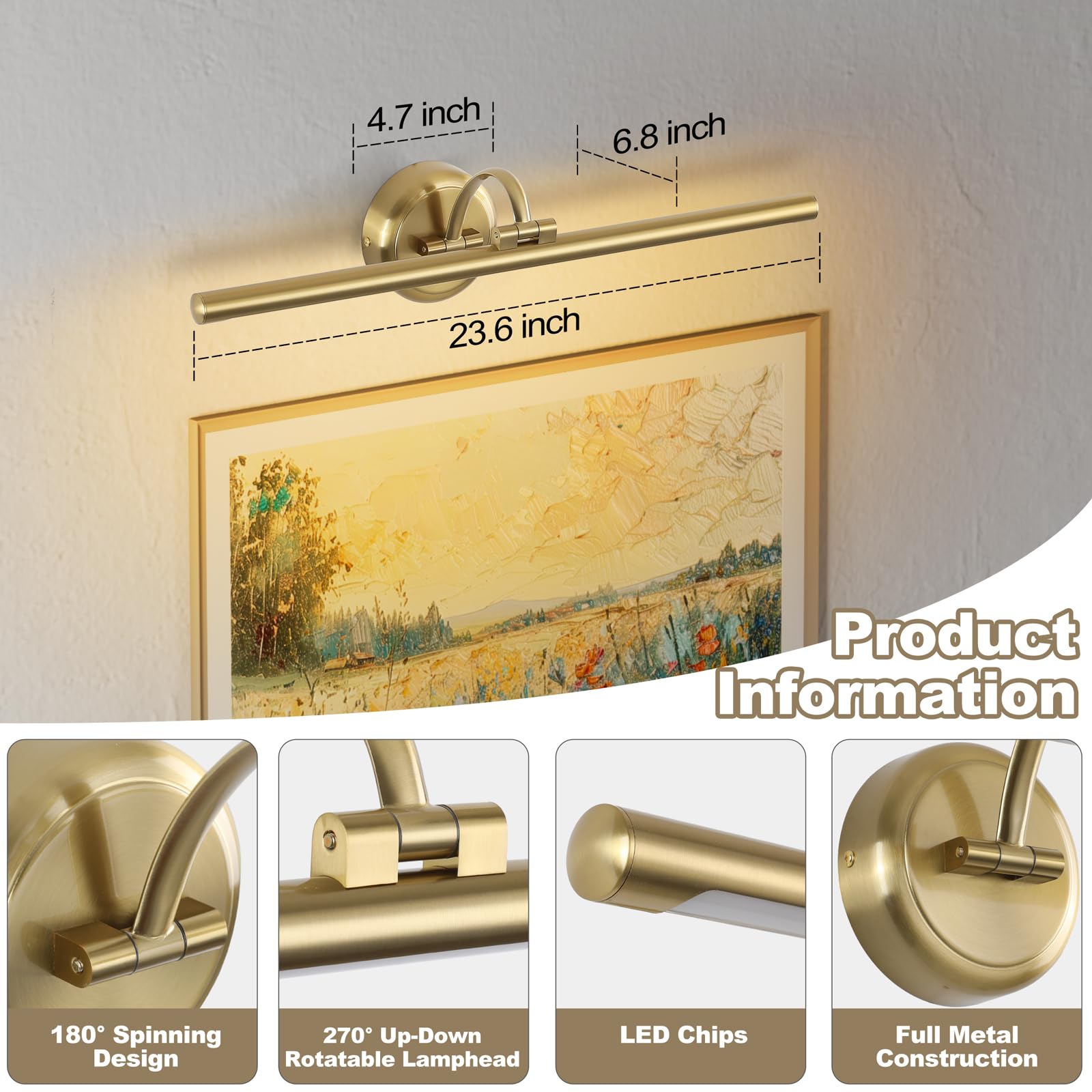 Hard-Wired Picture Lights 23.62 Inch Dimmable LED Wall Art Lighting Modern Brass Gallery Light Poster Lights Adjustable Swing Arm Picture Frame Light For Display Art Work, 14W, 2700K, Warm White