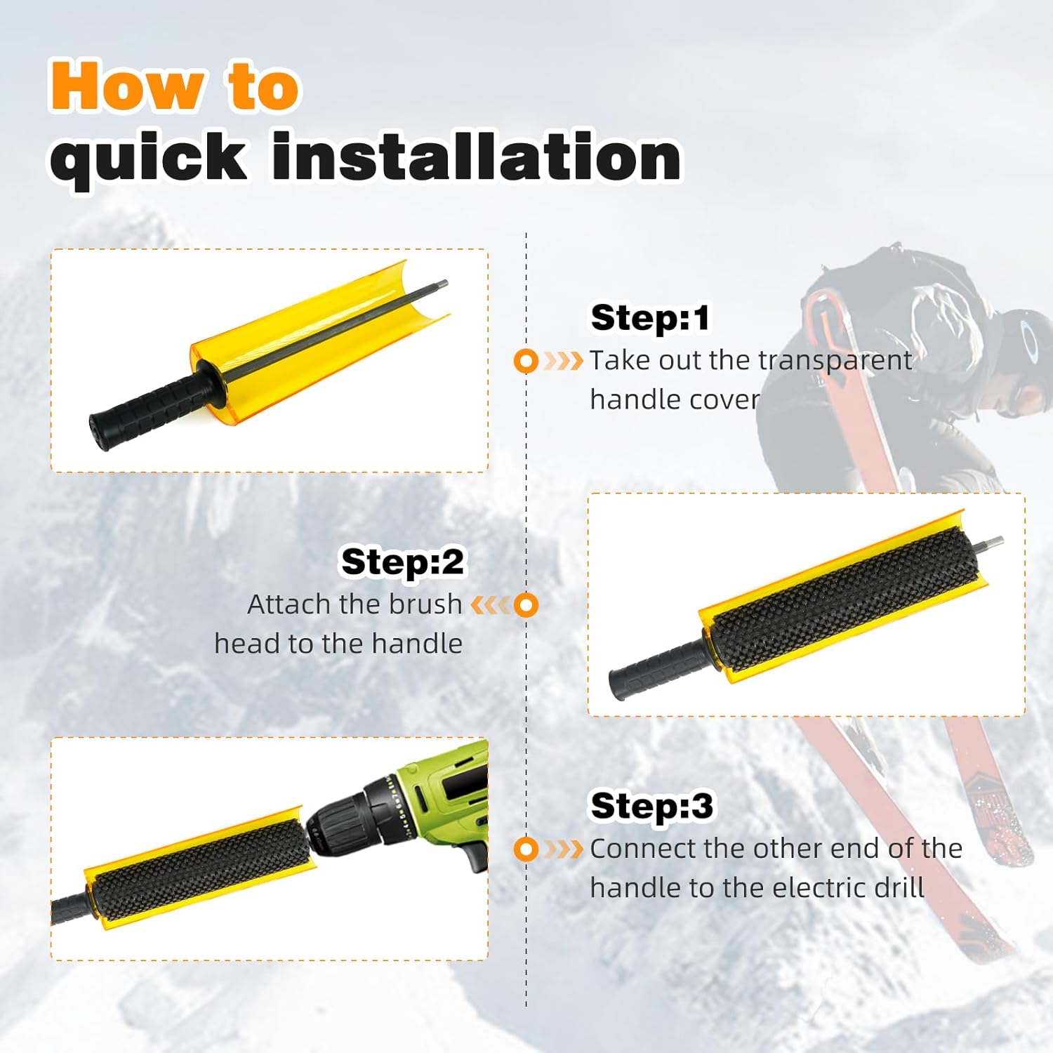 300mm Ski Roto Brush Kit Roto Brush Handle Axle with All 2 Brushes (Horse Hair and Nylon) with Protector Storage Bag, Handle Ski Rotation Brush Kit Using on Electric Drill