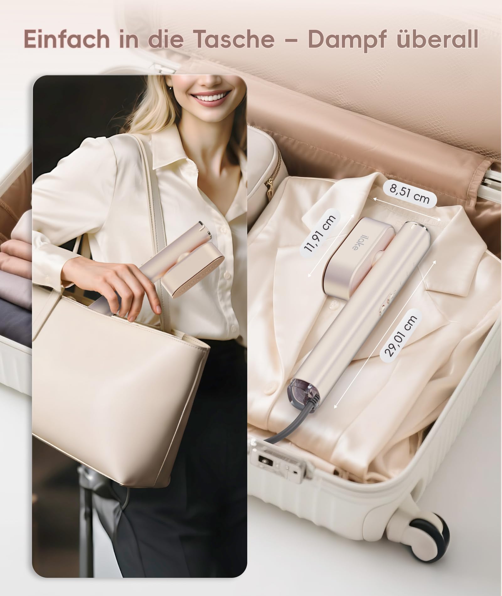 Dampfglätter für Kleidung, Handheld 100-240V Dual Voltage Travel Dampfglätter, 1000W und 120ML Wassertank Tragbarer Dampf & Bügeleisen 2 in 1 für Geschäftsreisen Zuhause, Roségold
