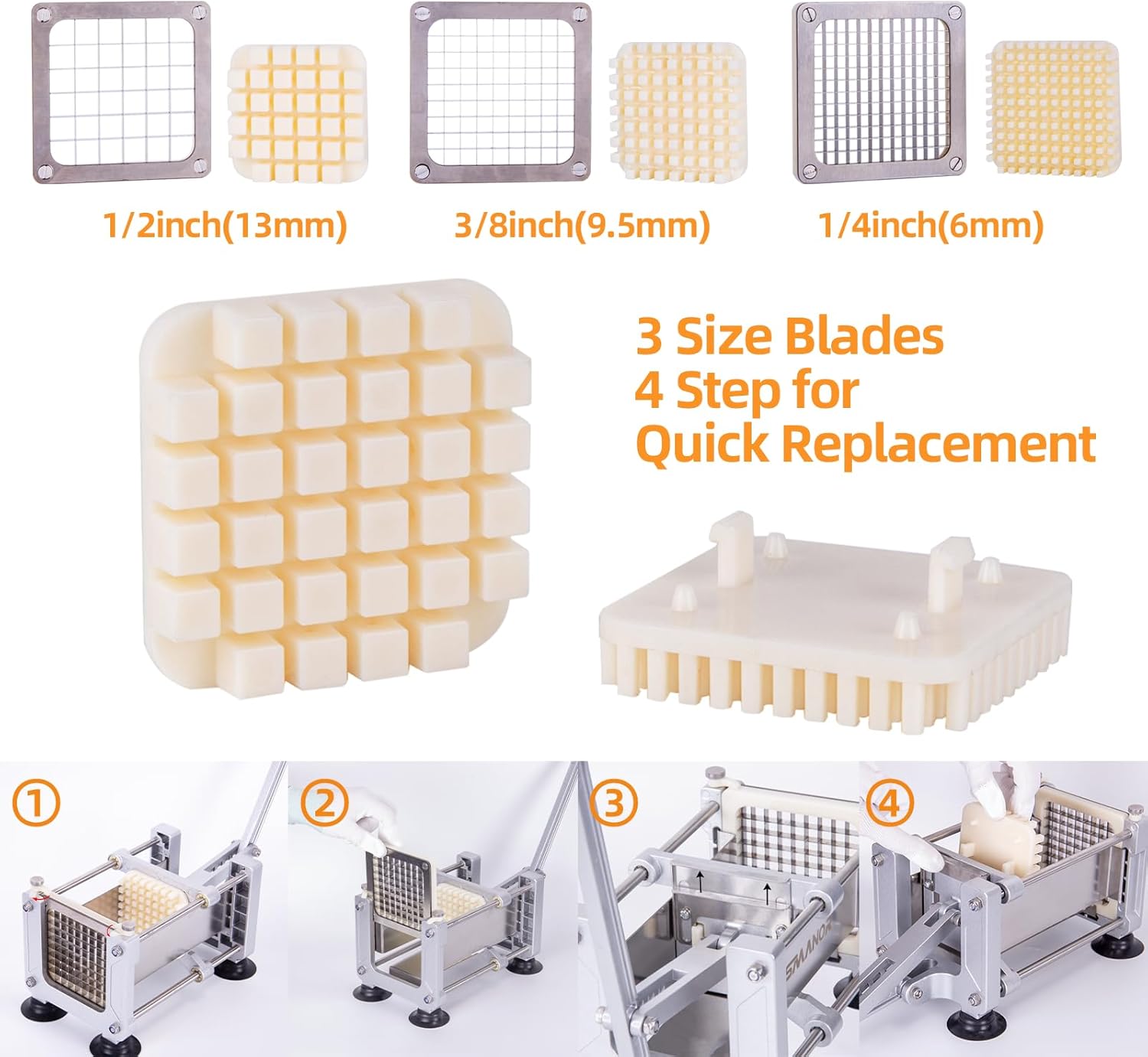 Rismonar French Fry Cutter Stainless Steel Potato Slicer With 1/2in 1/4in 3/8in Blade for Carrots Cucumbers Vegetables (Silver, Machine + 3/8)