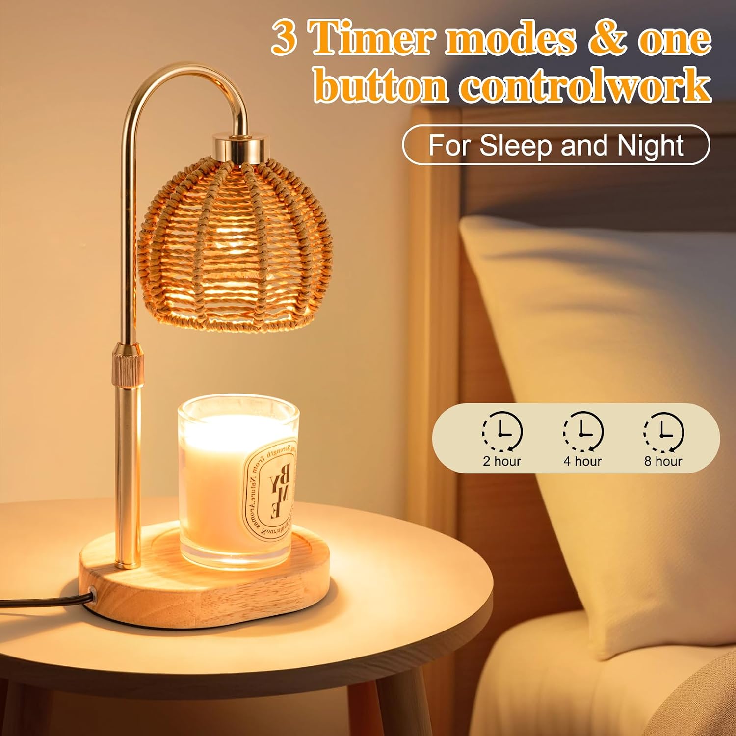 Boho Candle Warmer Lamp with Timer, Dimmable, Adjustable Height, Wood Base | Handwoven shade, flameless wax melting, cleaner fragrance release, cozy boho decor for home, desk and gift use
