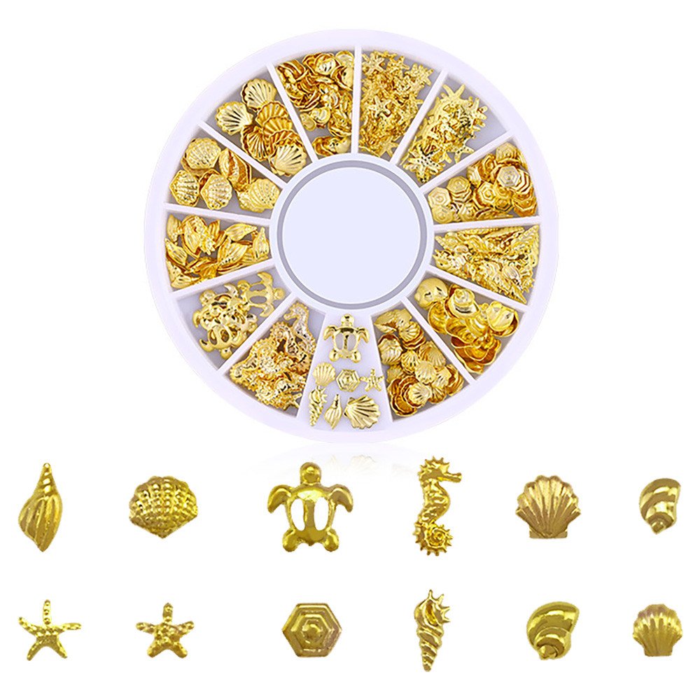 1 Boîte de Breloques pour Ongles Dorées Mélangées - Clous à ongles dorés - Strass étincelants - Océans, Paillettes, stud, rivets - Accessoires beauté ongles