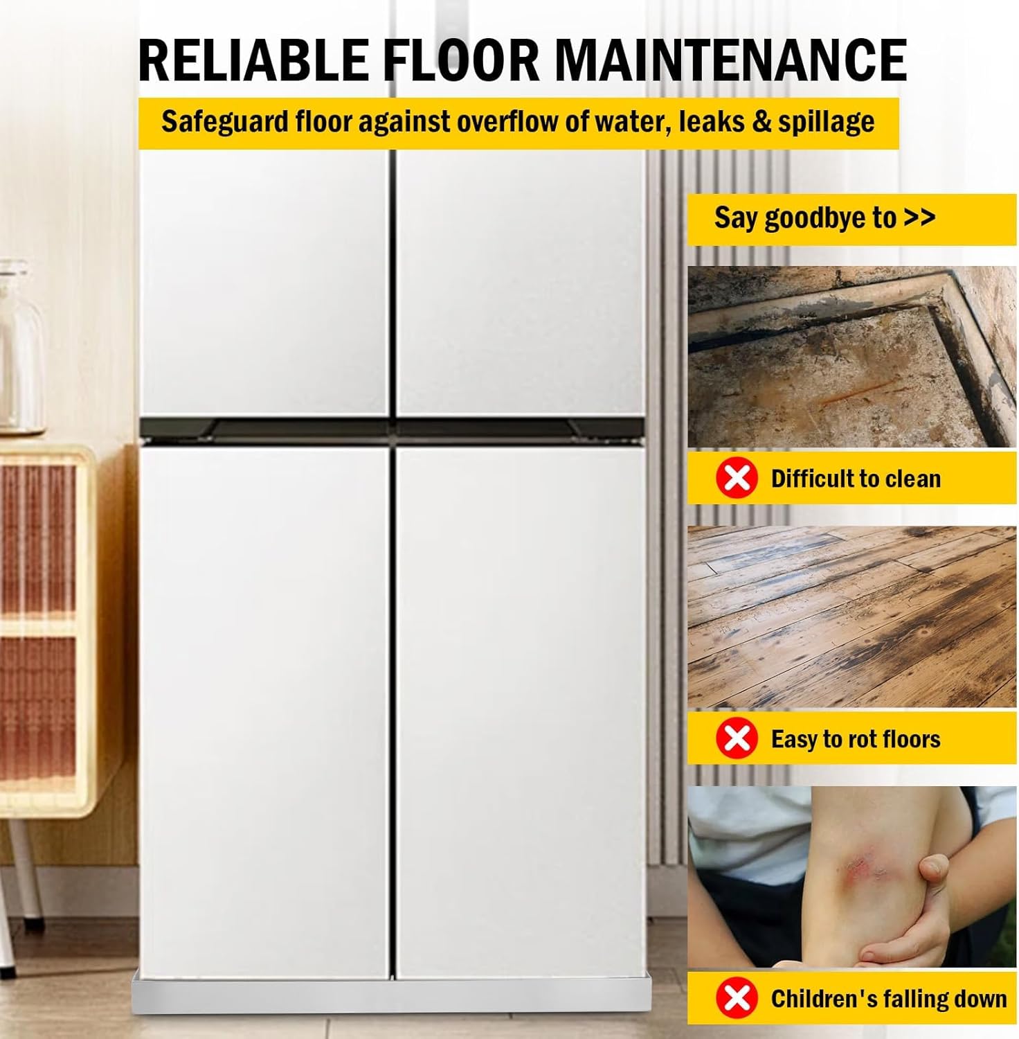 24 in x 24 in Washing Machine Pan for Washer and Dryer and Small Appliances, 304 Stainless Steel Washing Machine Tray with 4 Pcs Anti-Vibration Washing Machine Feet, No Hole