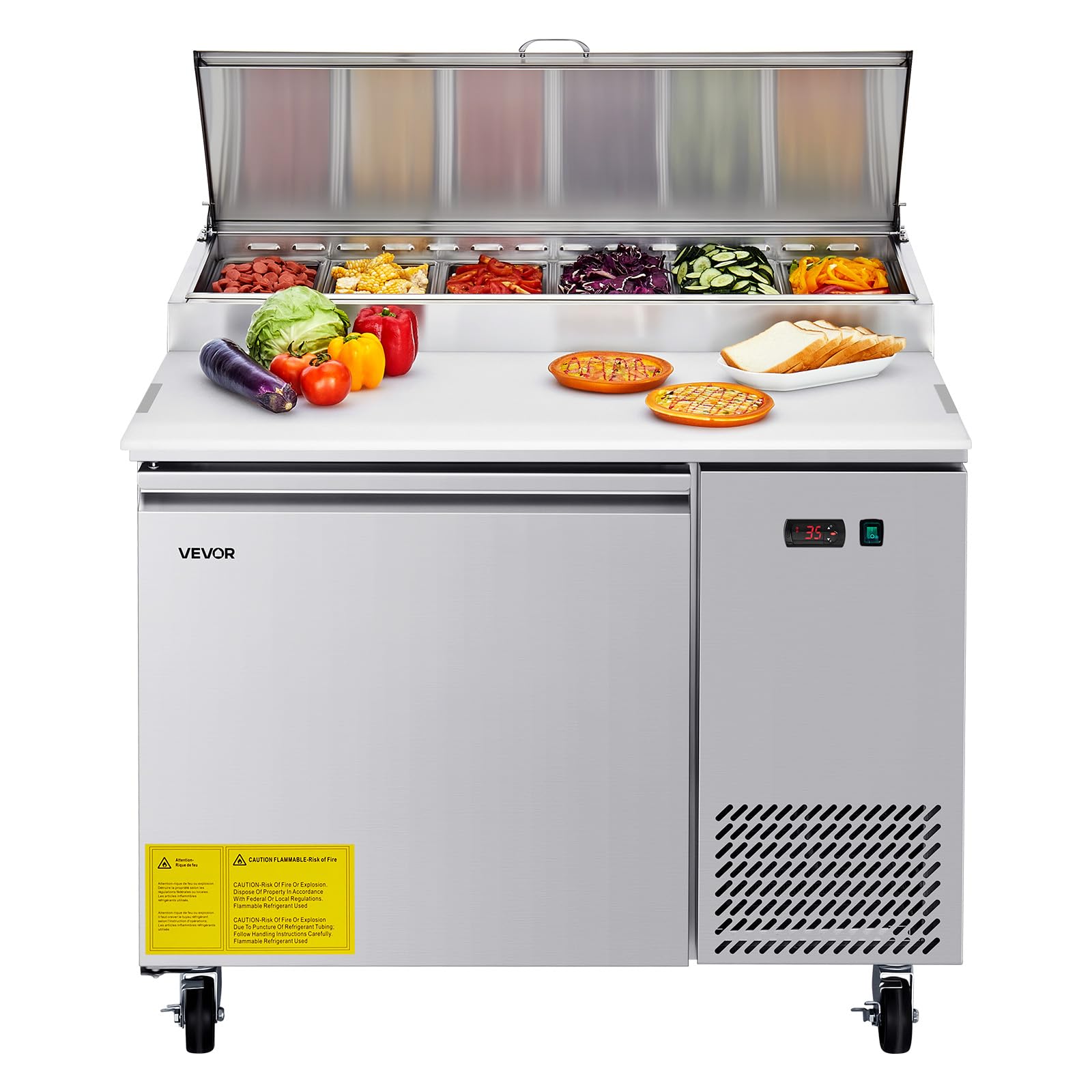 VEVOR Commercial Refrigerator, 44" W Pizza Prep Refrigerated Table, 19.3" Ultra Wide Countertop Food Prep Cooler, 11 Cu.Ft Single Door Salad Prep Fridge, 6 Pans Pizza Make Worktop with Cutting Board