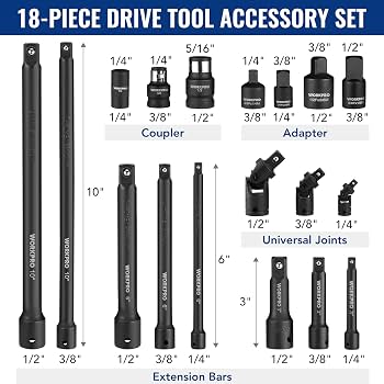 WORKPRO 18-Piece Impact Socket Extension Set, Includes Socket