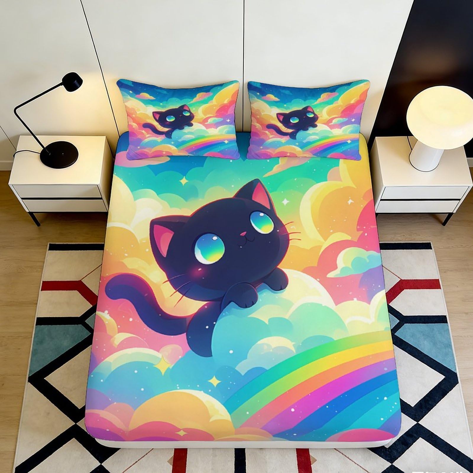 Jqzkxnhpbr Style-10 3D Printed Rainbow Cloud Cat Fitted Sheet Microfiber Soft Non-Slip Bed Cover For Bedroom Guestroom Decor 90X200x25cm