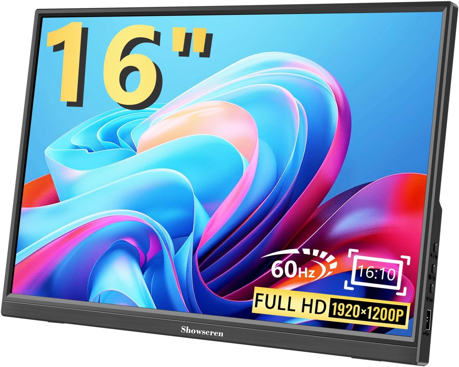 Portable Monitor 16inch, Full HD 1920X1200P Display 300cd/Brightness,60Hz IPS LCD Panel,99% RGB, Built-in Speaker, HDMI USB C Portable Monitor for Laptop PC PS3/PS4 Switch