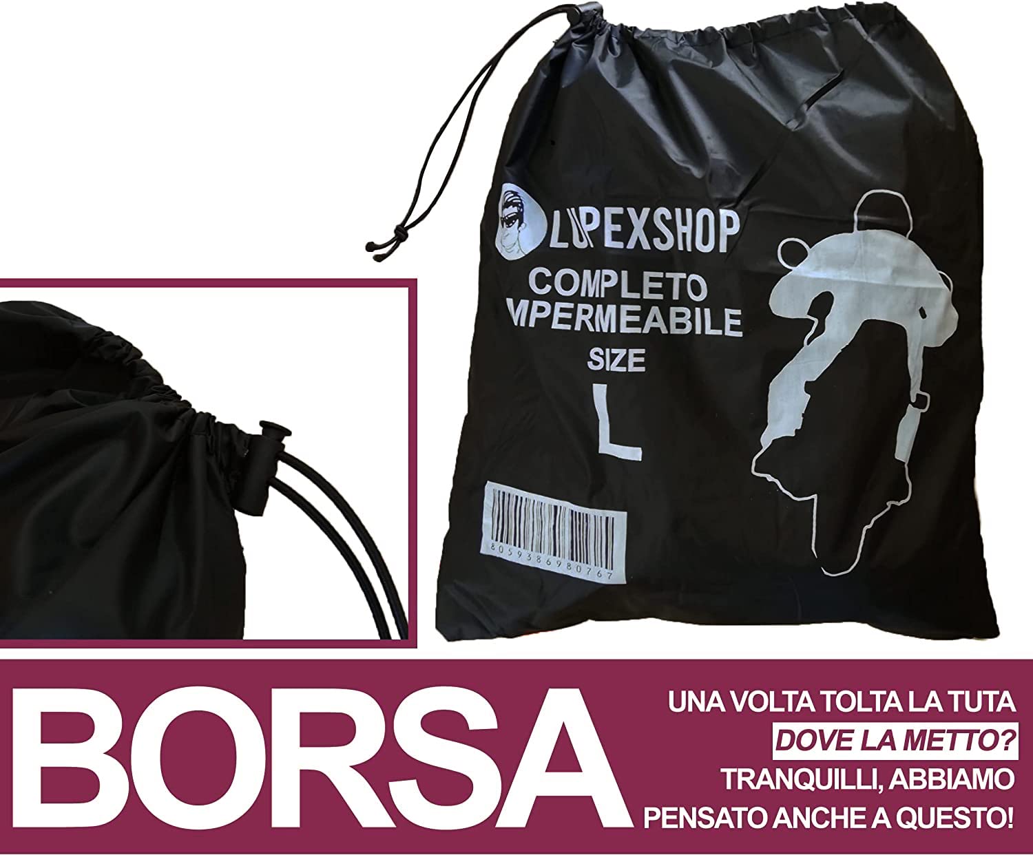 Rebeca Shop Tuta Moto Impermeabile Antipioggia Antivento | Nero | Completo Giacca e Pantalone - Cappuccio a Scomparsa | Uomo Donna | Scooter Bici | Kit Accessori Moto