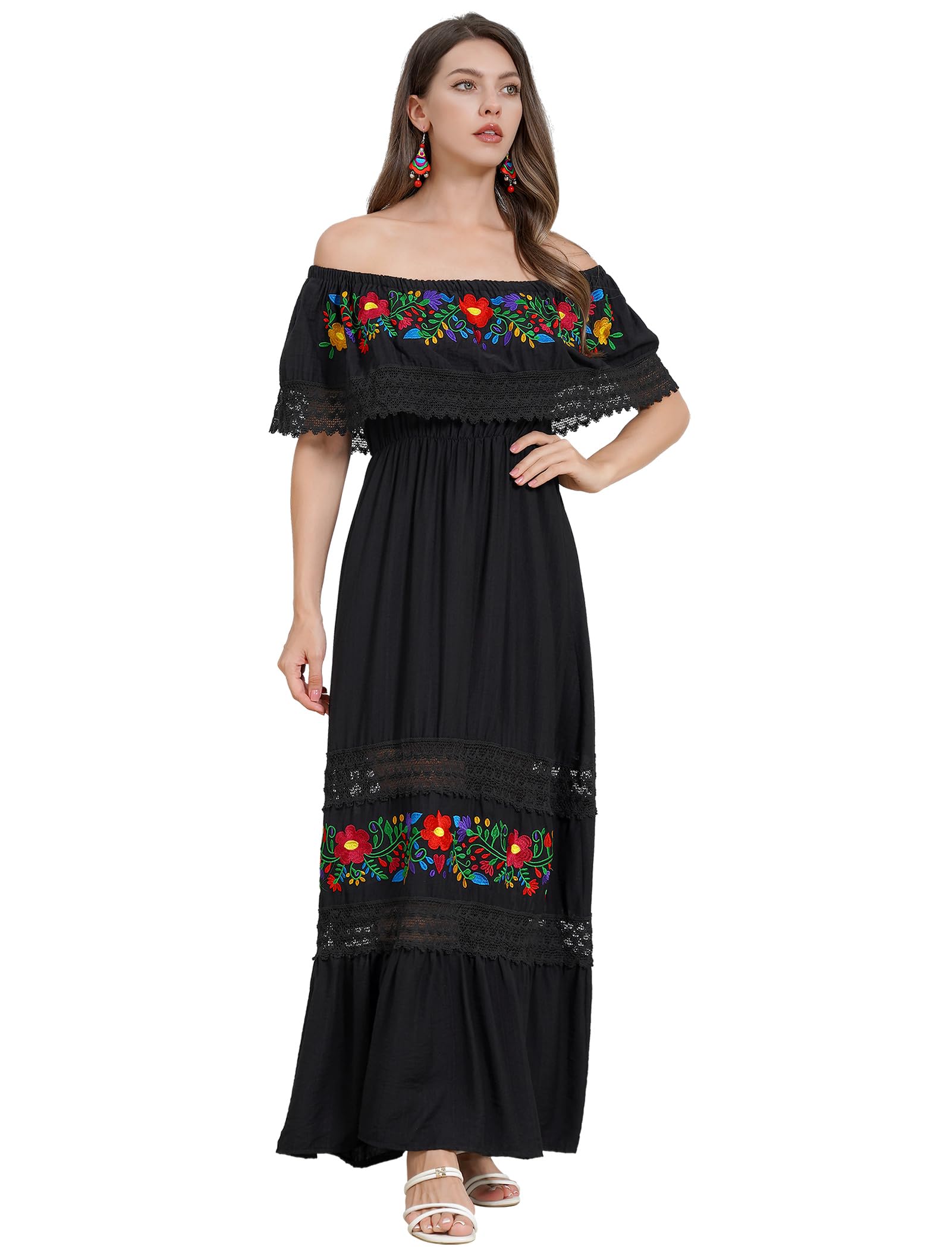Women's Mexican Embroidered Dress Off Shoulder Floral Embroidery Lace Present Fiesta Midi Dresses