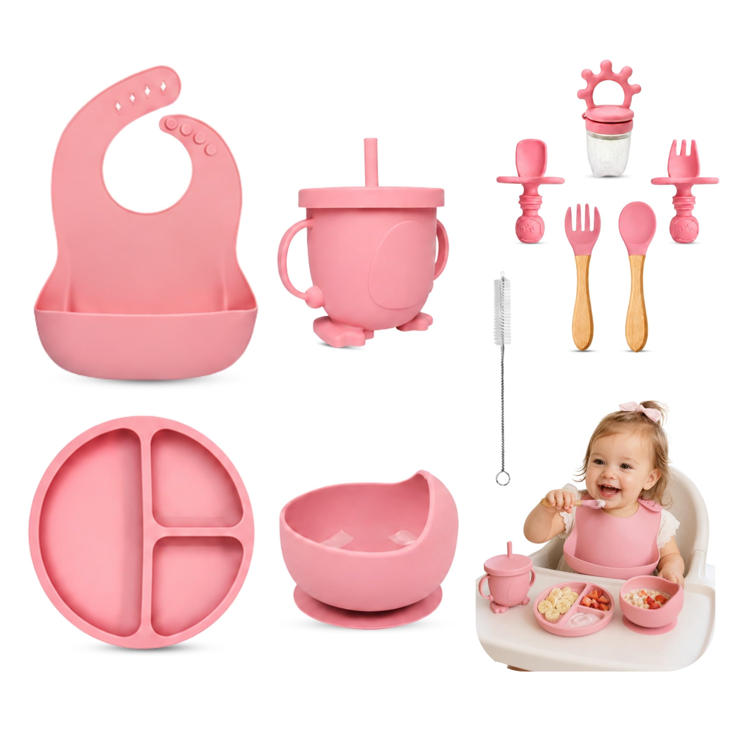 A-bee-k Baby Weaning Set 9PCS Silicone Baby Feeding Set with Suction Plate & Bowl, Bib, Straw Cup, Wooden Spoon & Fork, Fruit Feeder, BPA Free Baby Led Weaning Set (Pink)