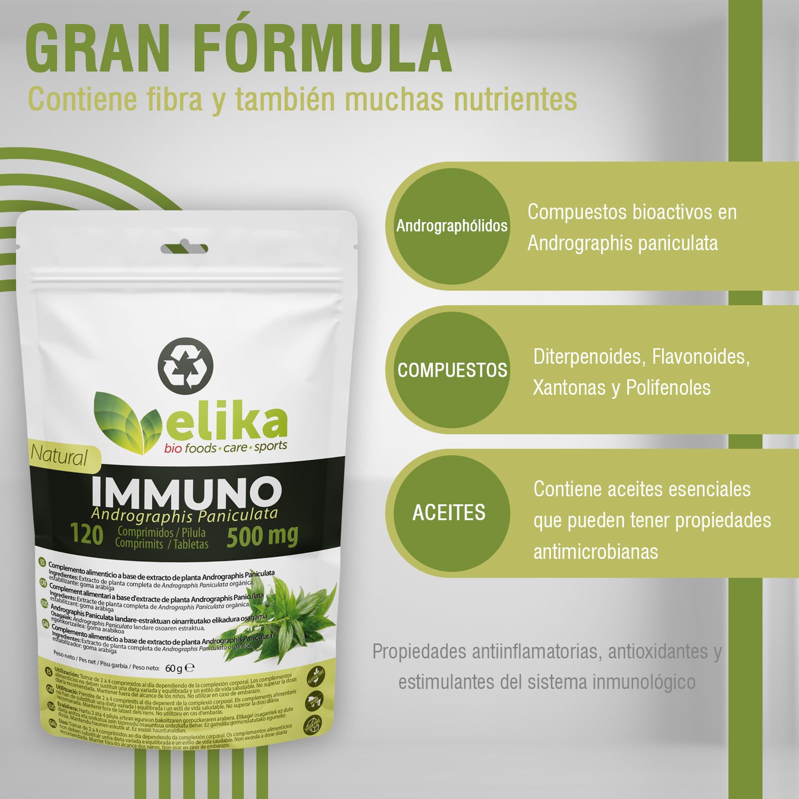 Estratto di Andrographis Paniculata Elikafoods. 120 capsule vegetali da 500mg. Integratore alimentare 100% naturale. Adatto ai vegani, senza glutine.