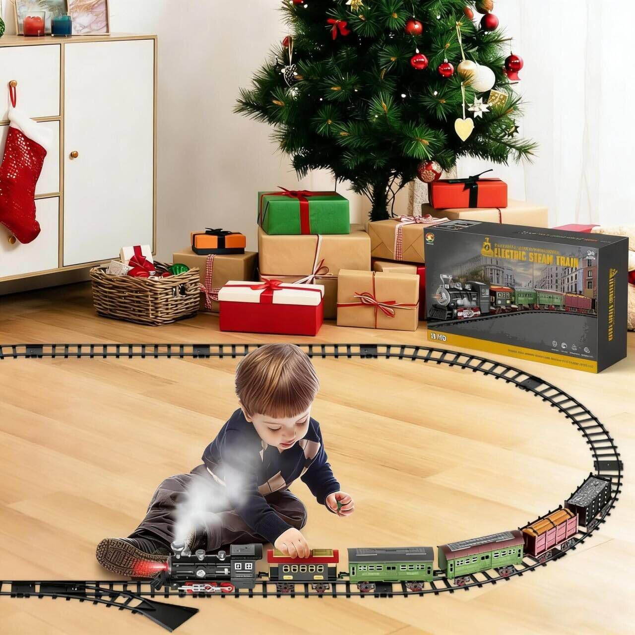 deAO Tren Juguete Electrico con Vapor, Decoración Luces y Sonidos para Niño