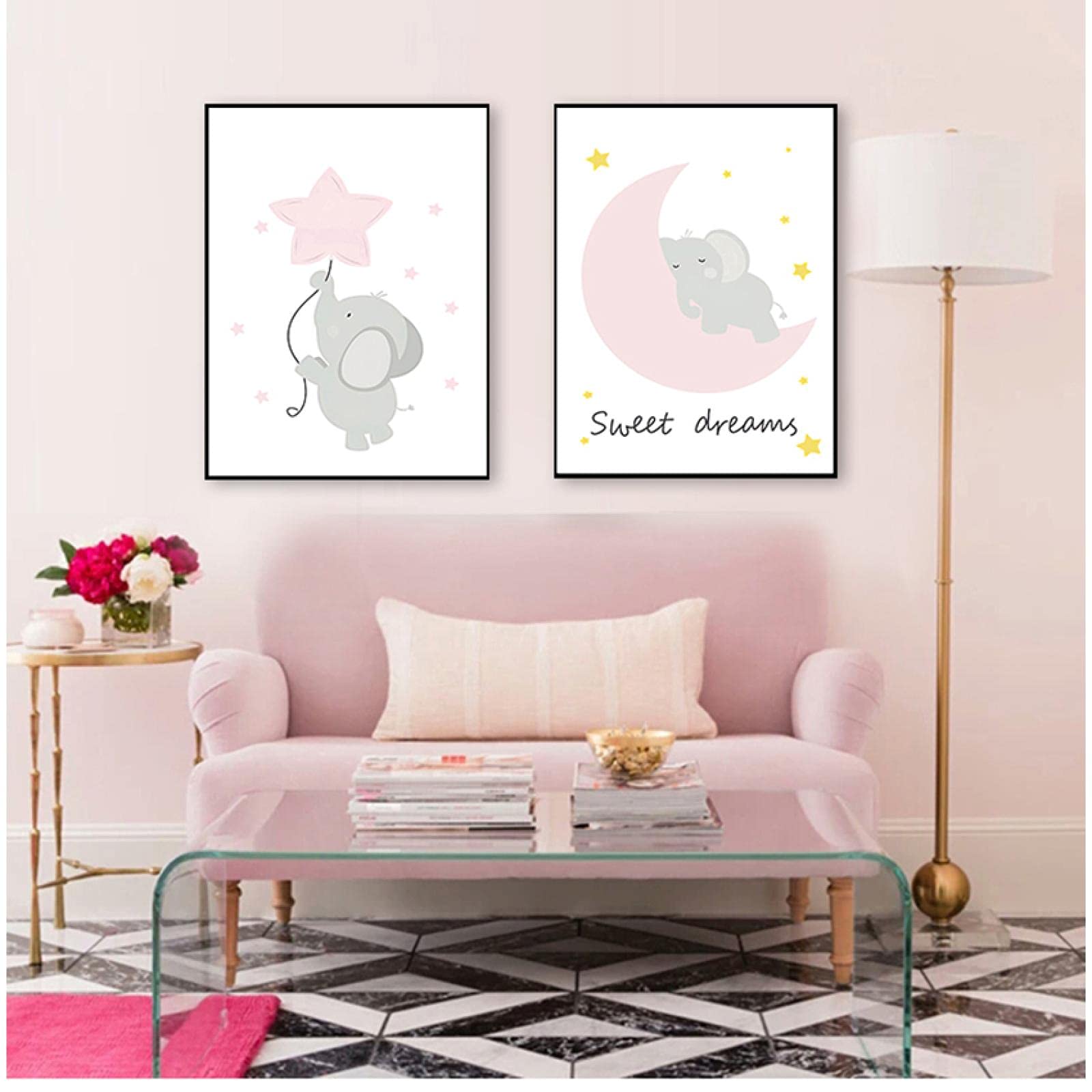 XIANGPEIFBH Nordique Enfants Chambre Décoration Peinture Rose Éléphant Étoile Toile Enfants Imprimer Bébé Fille Pépinière Mur Art Photo 40x60cm(16x24in) x2 Cadre Intérieur