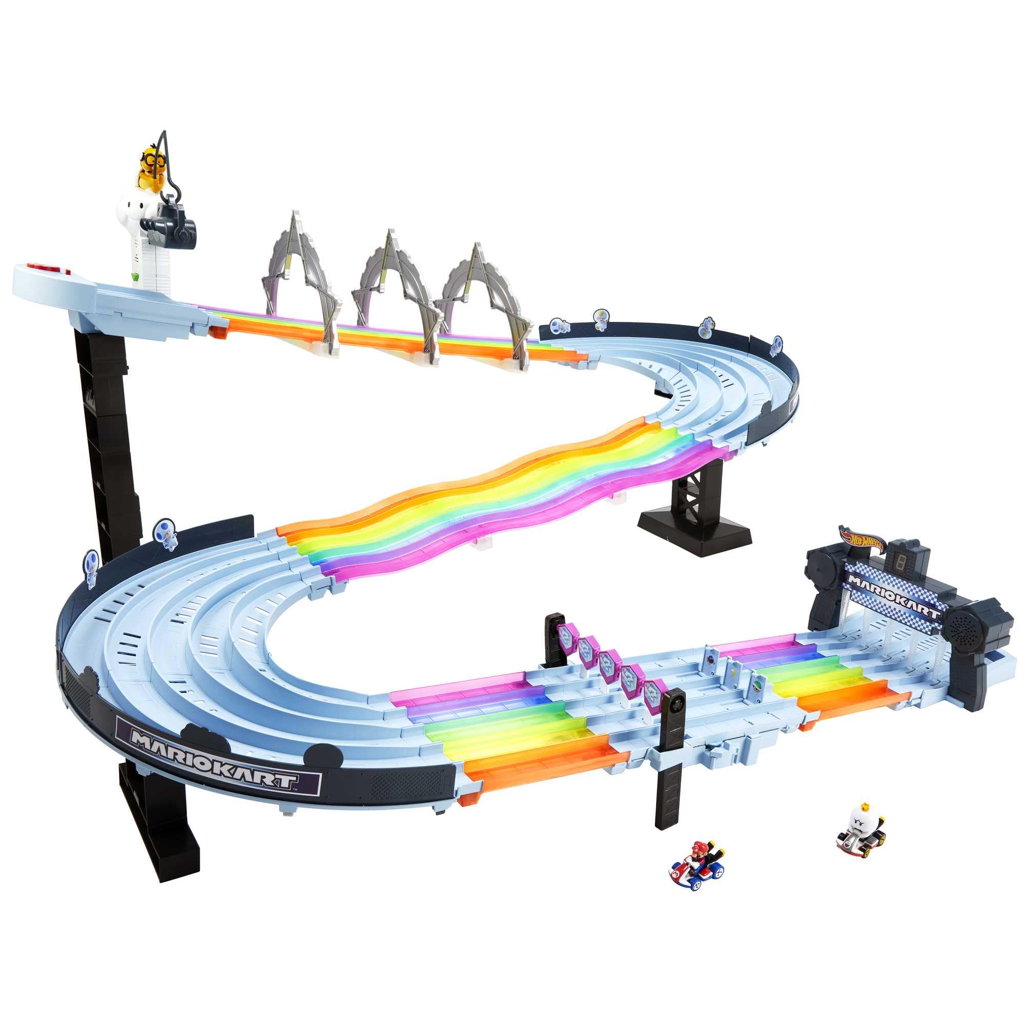Hot Wheels Mario Kart - Pista Arcobaleno, playset di oltre 2 metri con luci e suoni, include 2 veicoli in scala 1:64 e 5 pezzi di pista, tracciato colorato, giocattolo per bambini, 4+ anni, GXX41